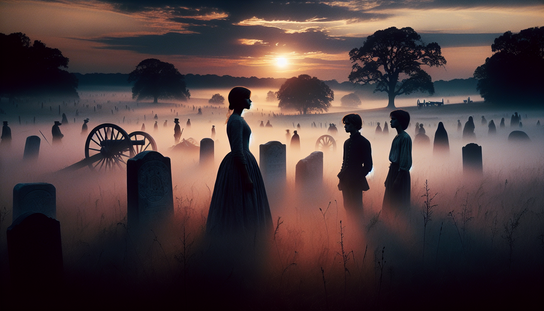 The friends explore Gettysburg Battlefield as mist rises and shadows lengthen.