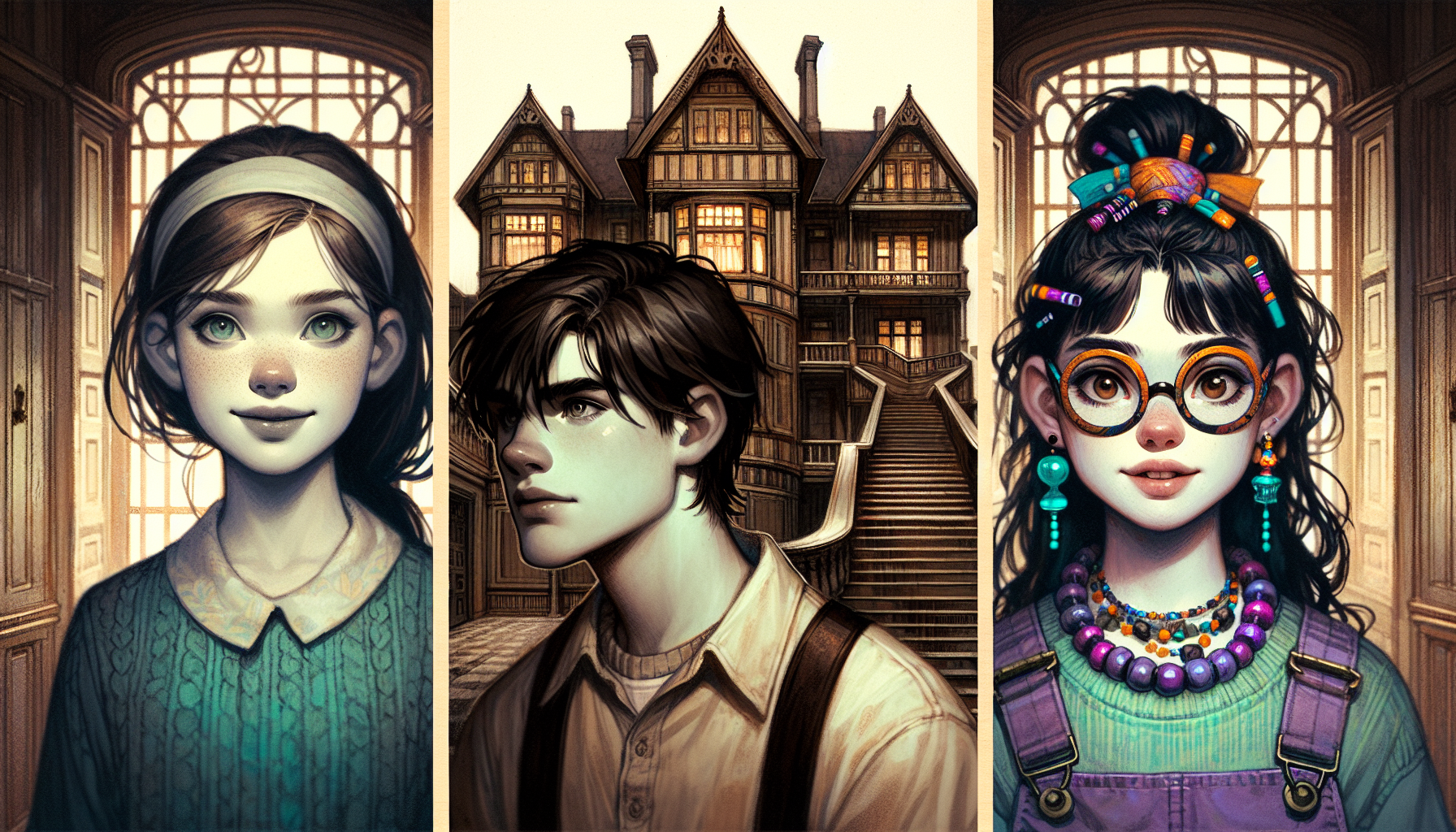 The trio gazes at the expansive and strange Winchester Mystery House.