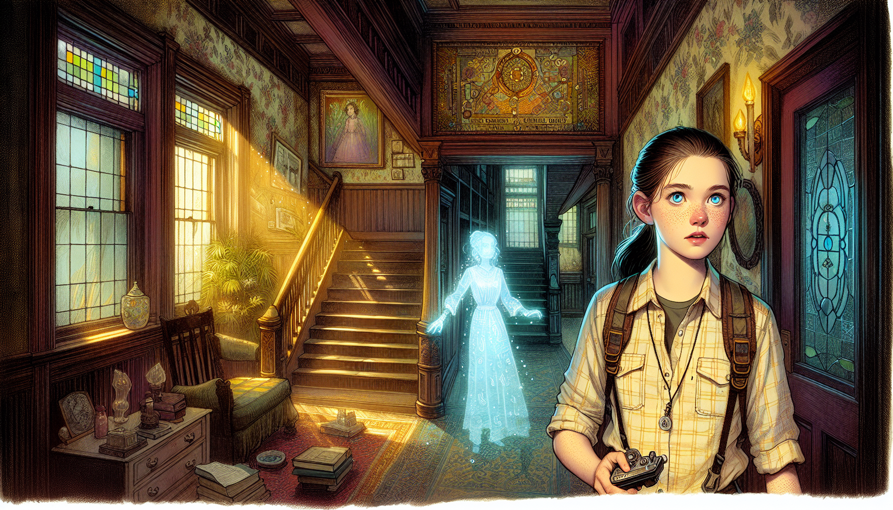 A ghostly figure points at a symbol in the house's woodwork.