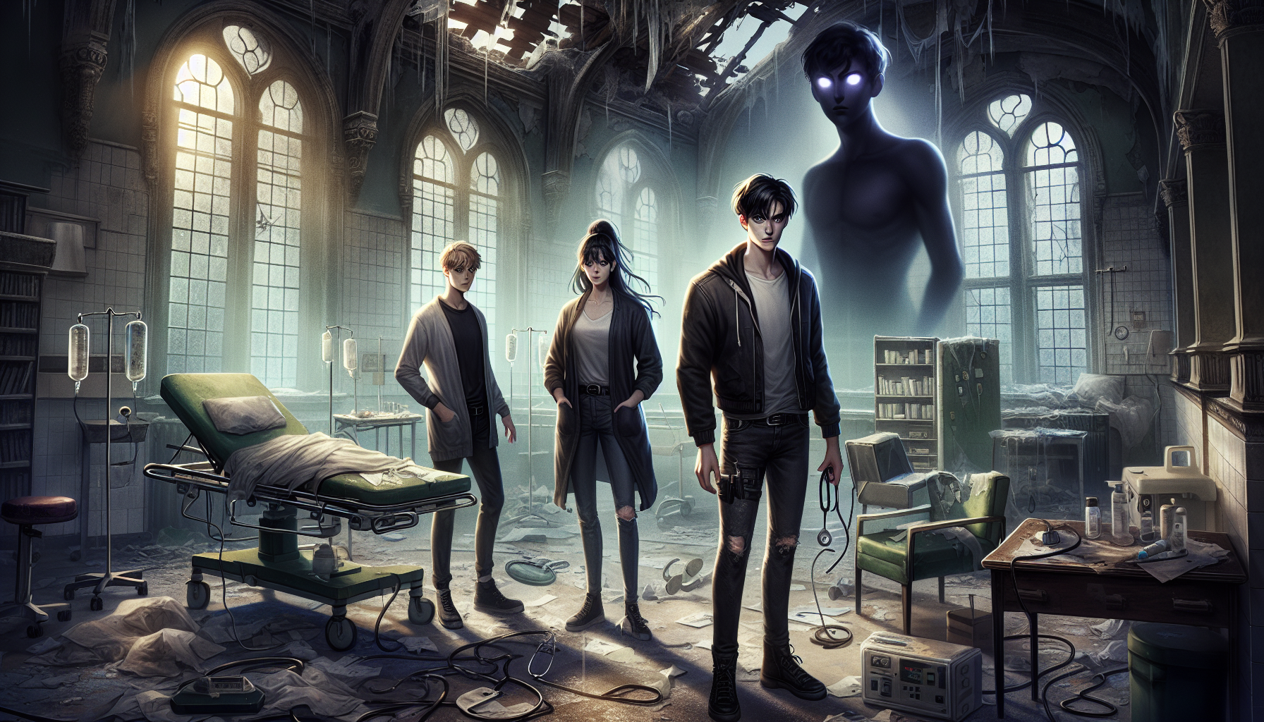 A malevolent shadowy entity confronts the group in a sanatorium room.