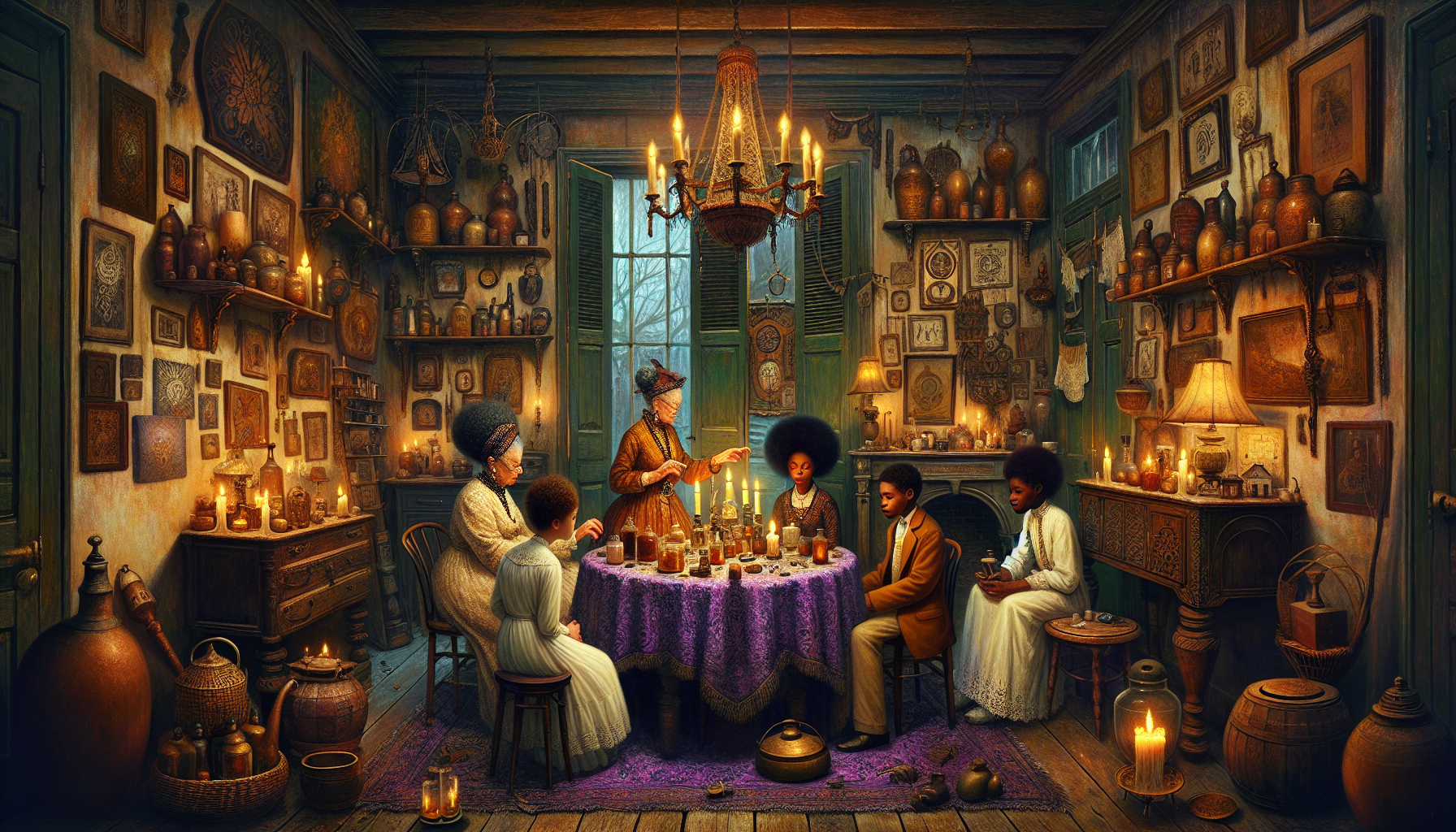 Madame Laveau inspects the mysterious camera in her dimly lit room.