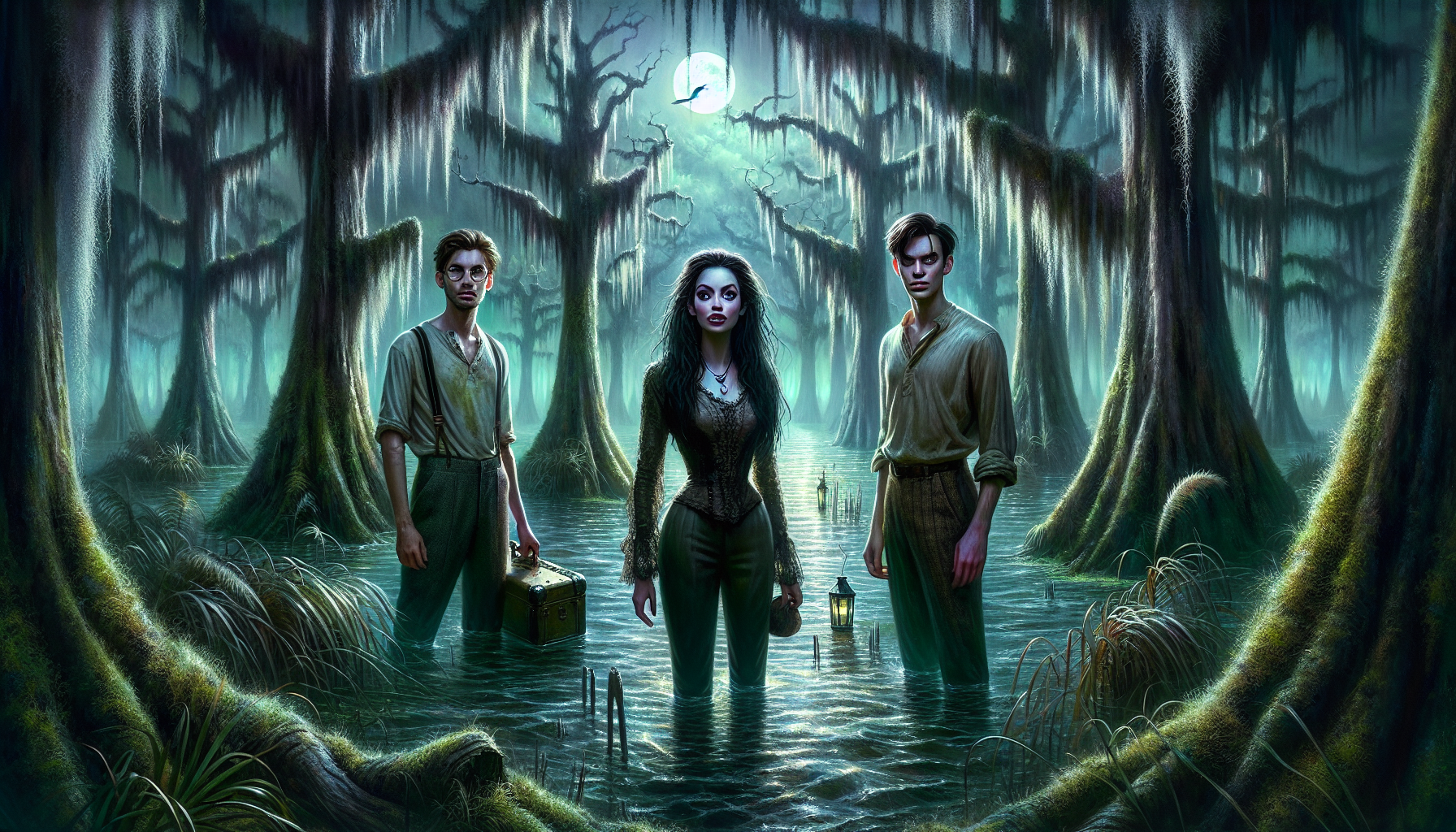 The group stands in the eerie, moonlit Whisper Bayou, surrounded by shadows.