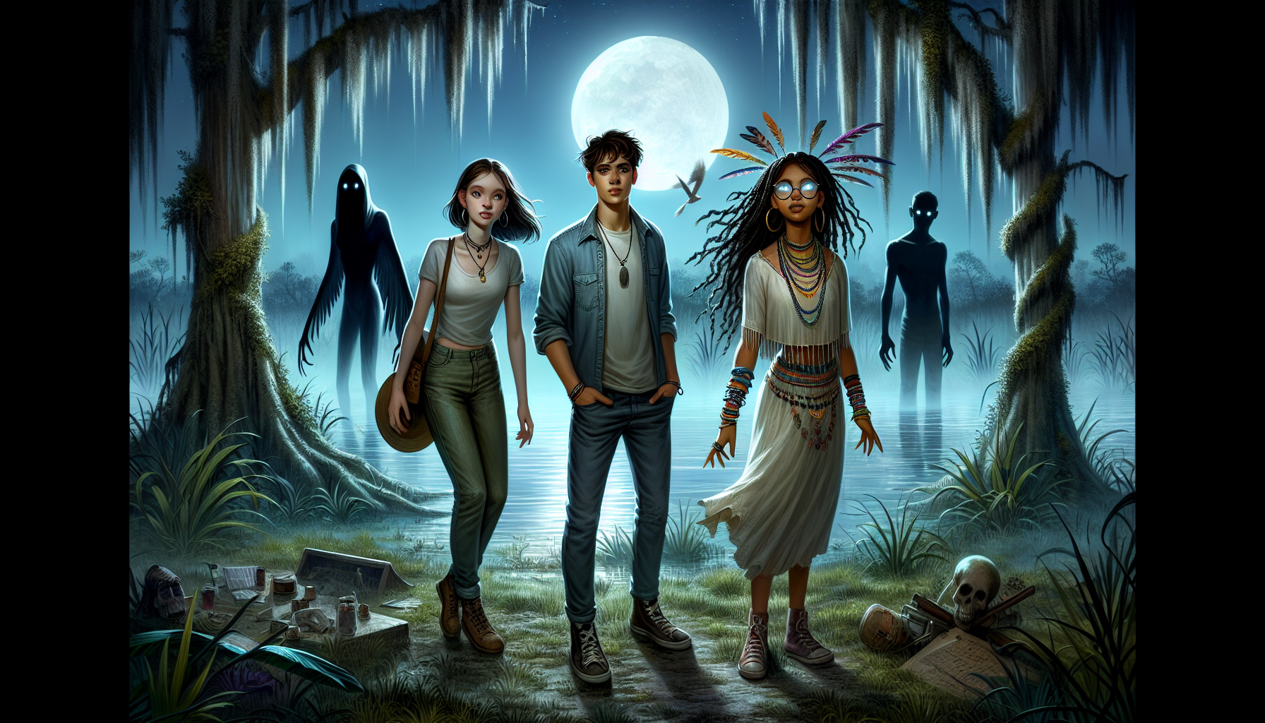 The friends prepare a ritual in a swamp clearing as spirits encircle them.