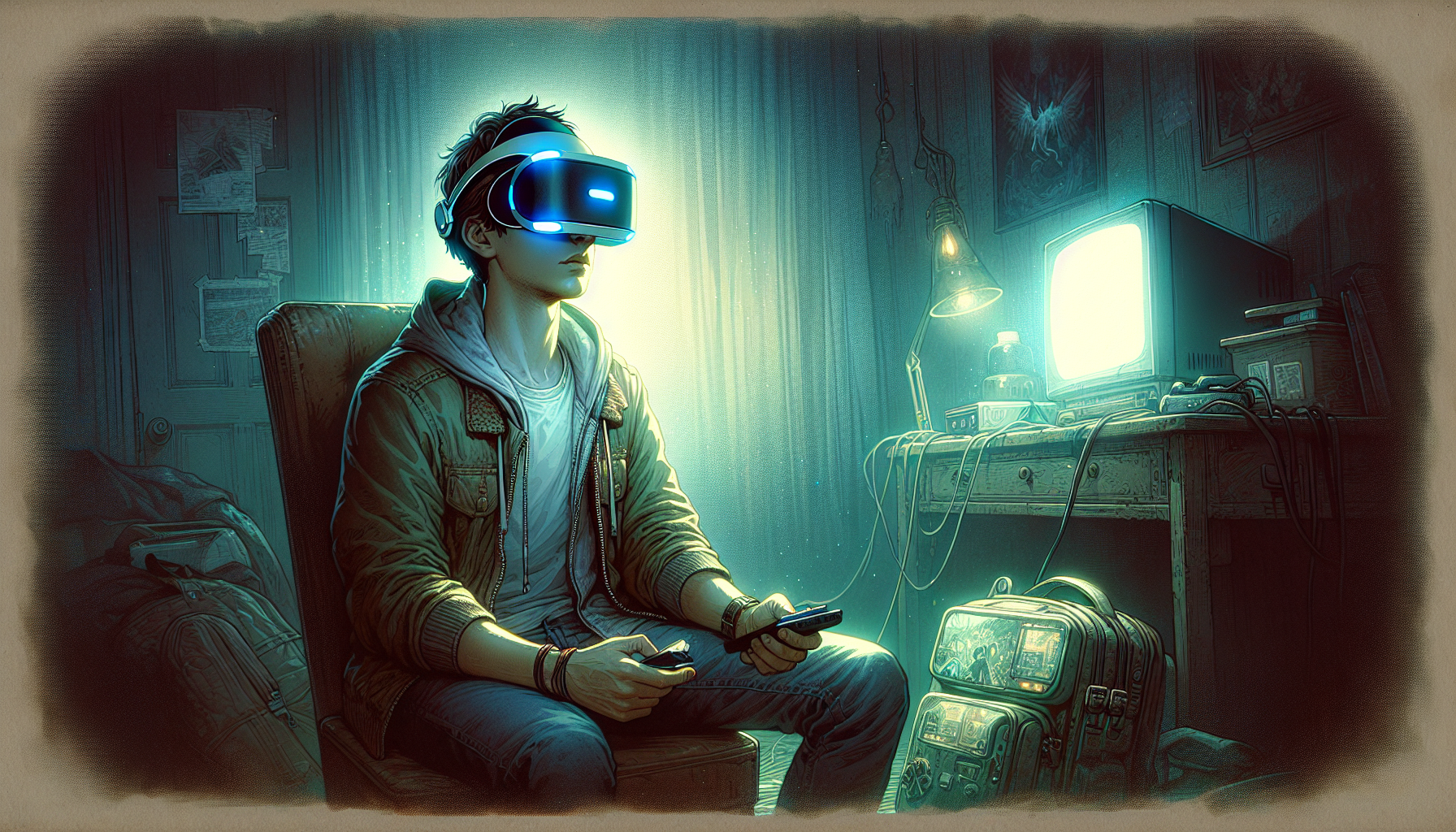 Jack wearing a VR headset, logging into the game Eldoria in a dimly lit room.
