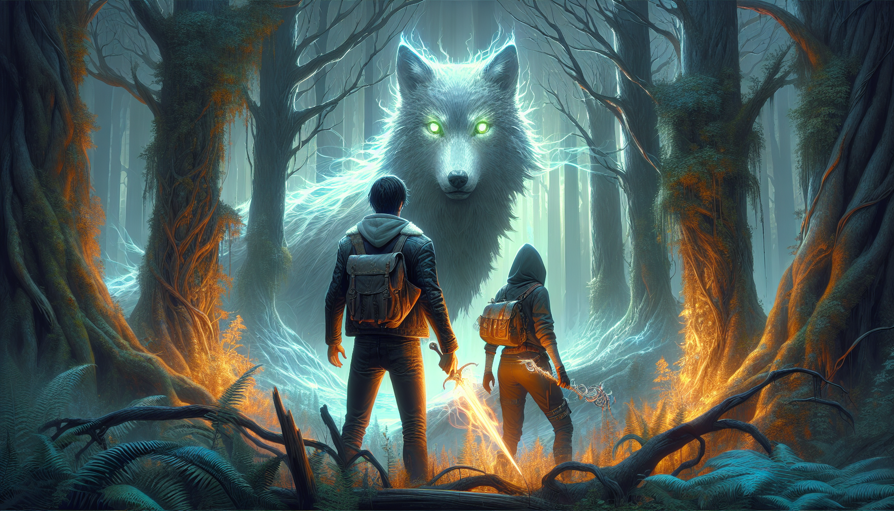Jack and Mira fighting a corrupted Luminescent Wolf in the forest.