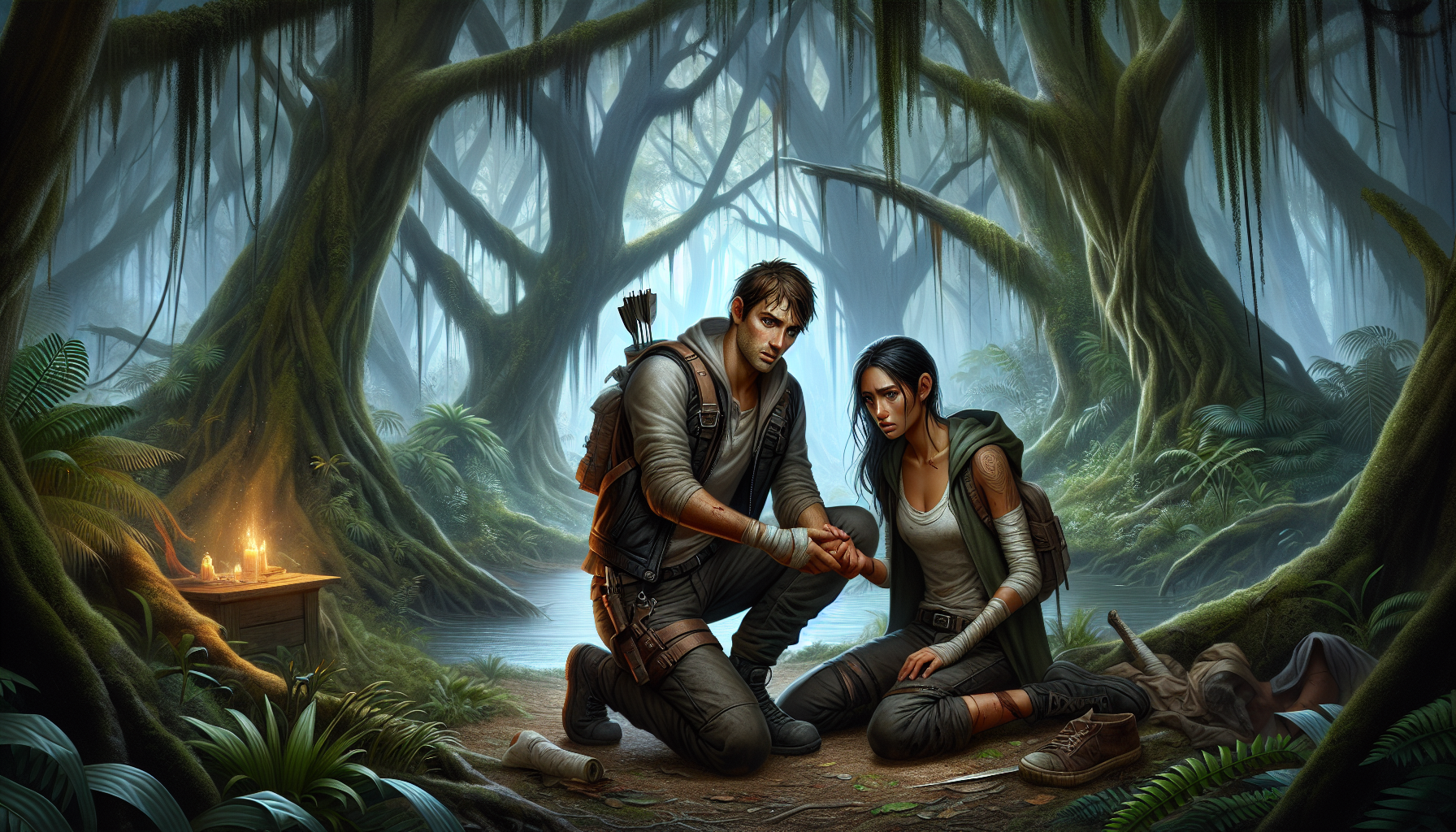 Jack and Mira catching their breath in the Enchanted Forest after the battle.
