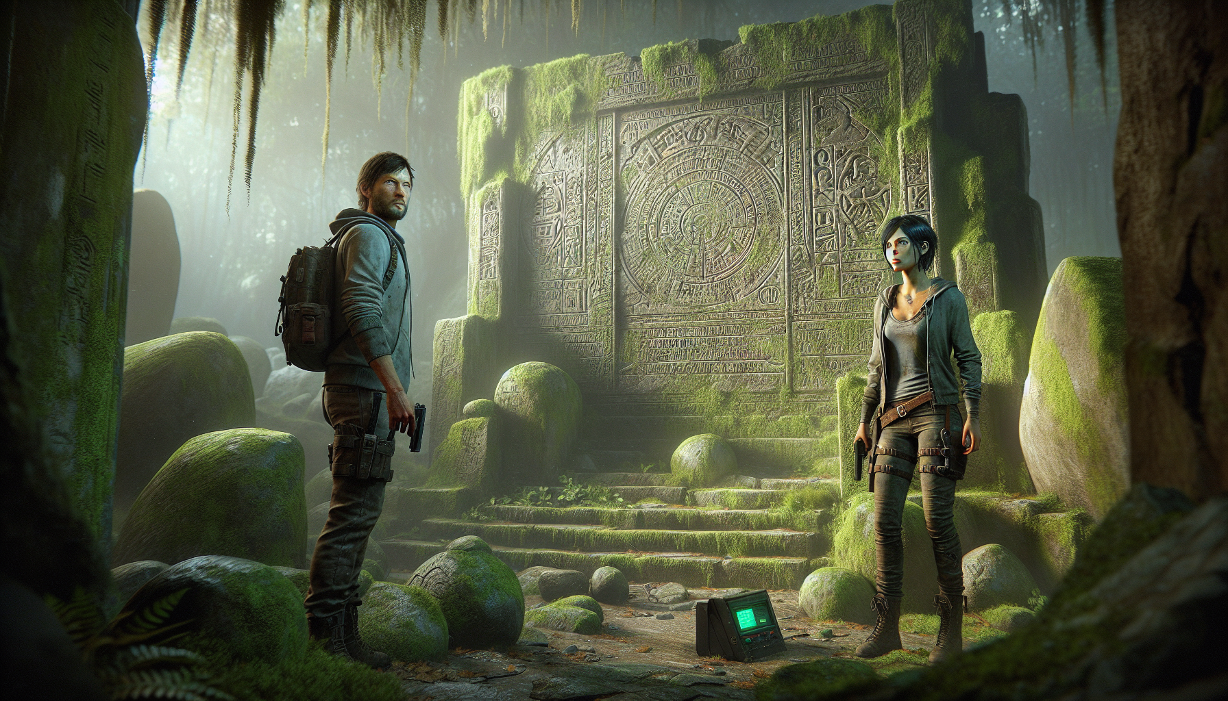 Jack and Mira entering ancient ruins filled with carvings.