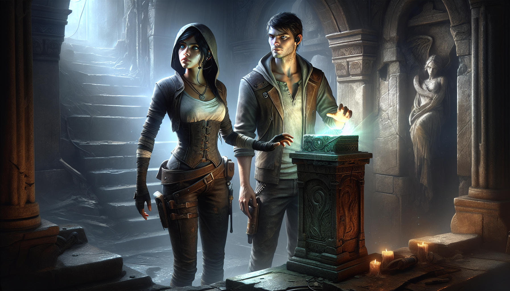 Jack and Mira discovering a glowing terminal in a hidden chamber.