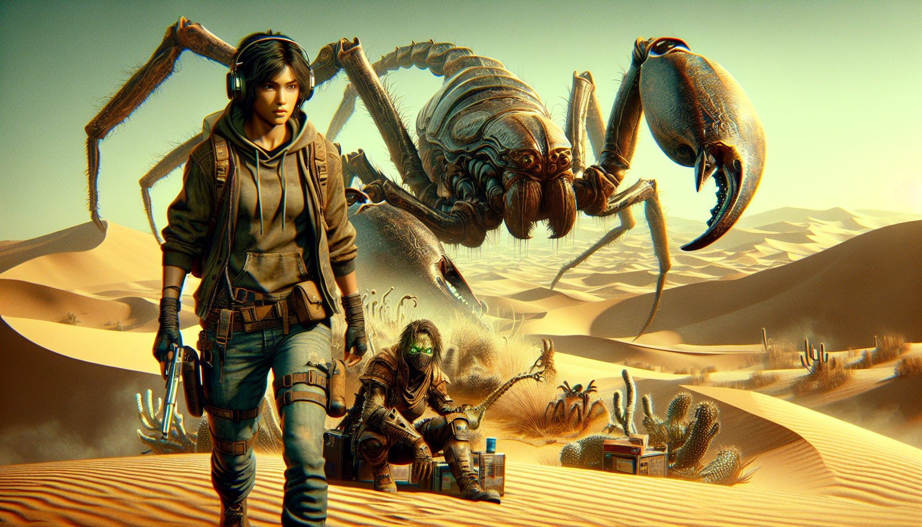 Jack and Mira fighting a monstrous scorpion in the Scorched Expanse.