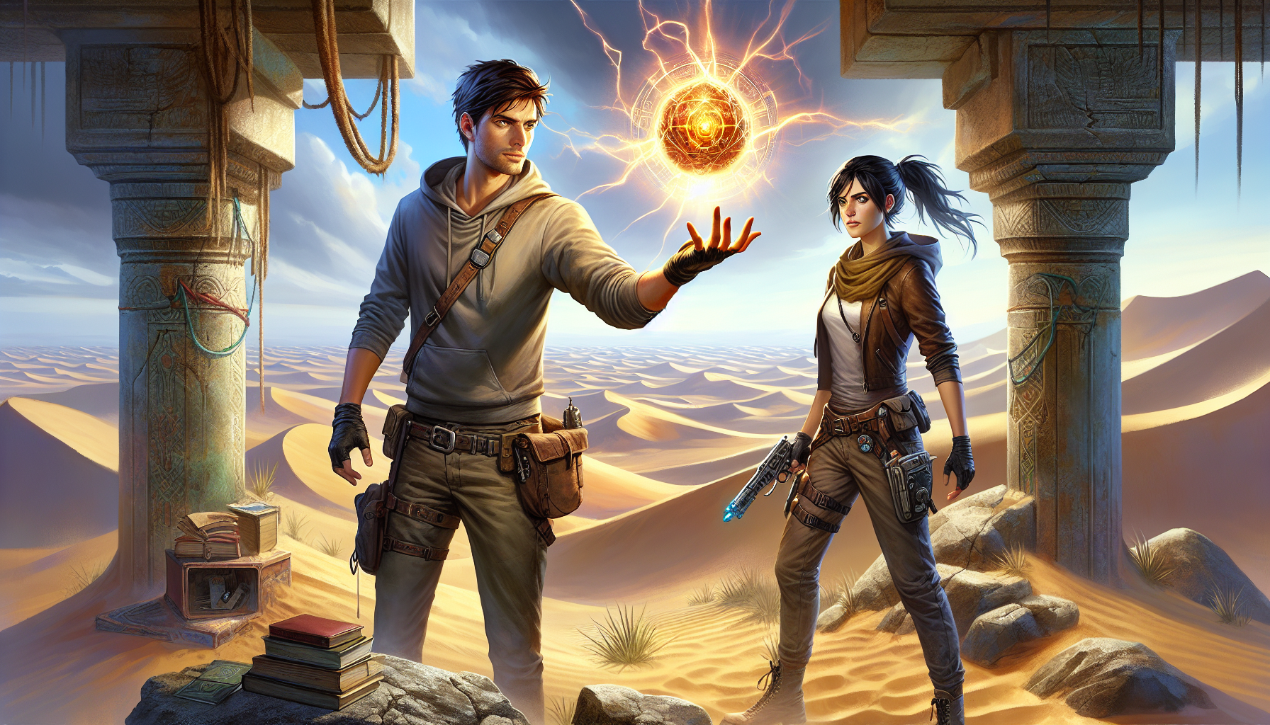 Jack and Mira retrieving the Heart of Eldoria in the ancient temple.