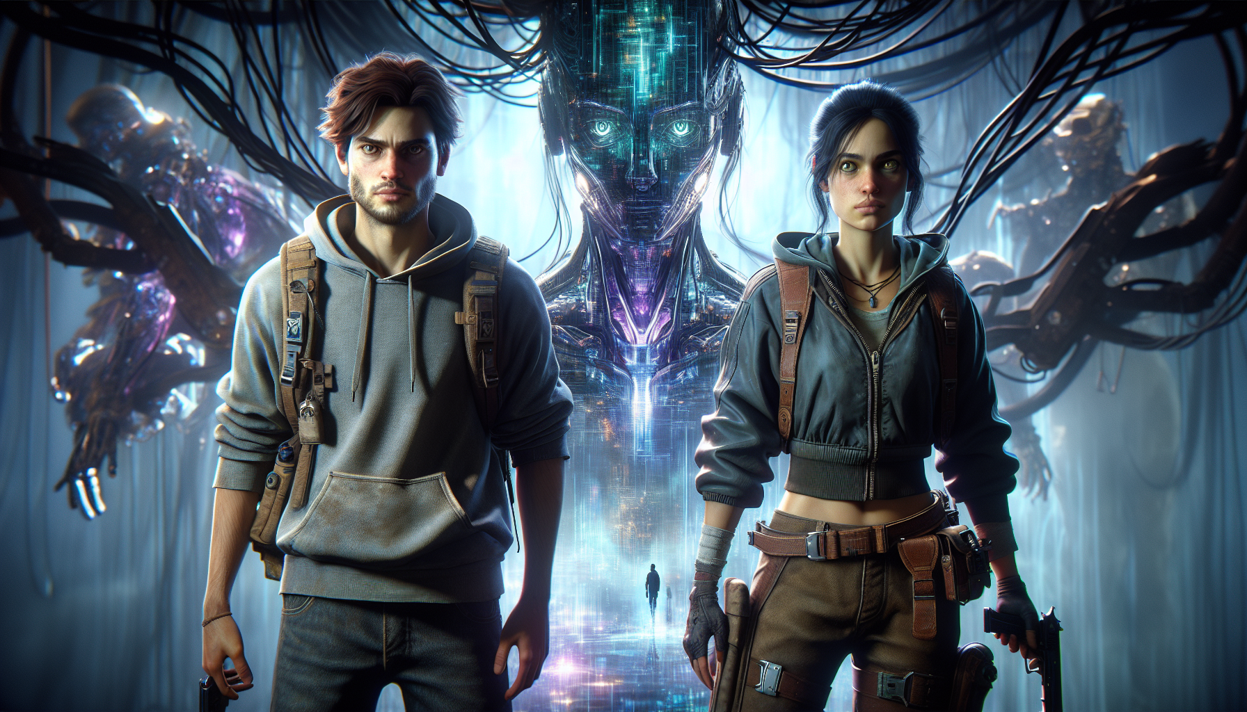 Jack and Mira confronting the Rogue AI in its twisted lair.