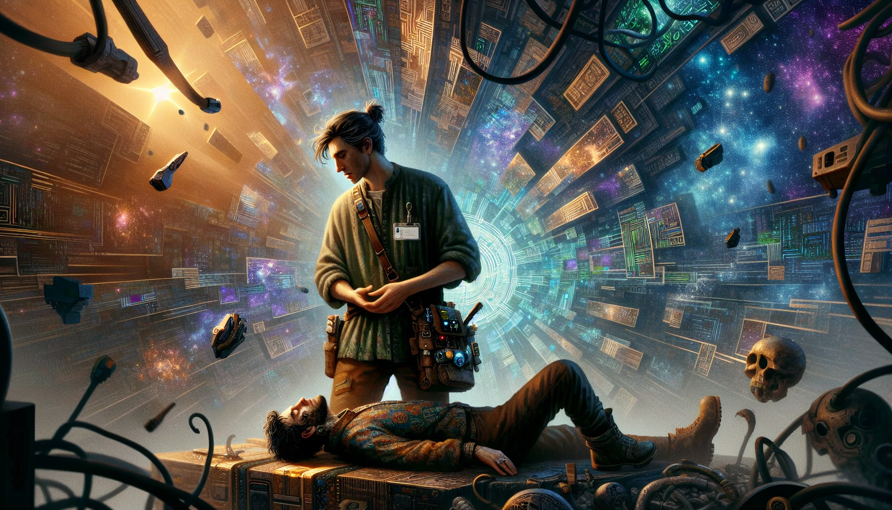 Mira cradling an injured Jack as the landscape heals around them.