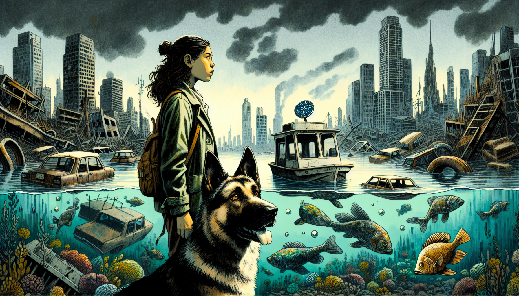 Aria and Beacon navigate their houseboat through a flooded city, surrounded by submerged skyscrapers.