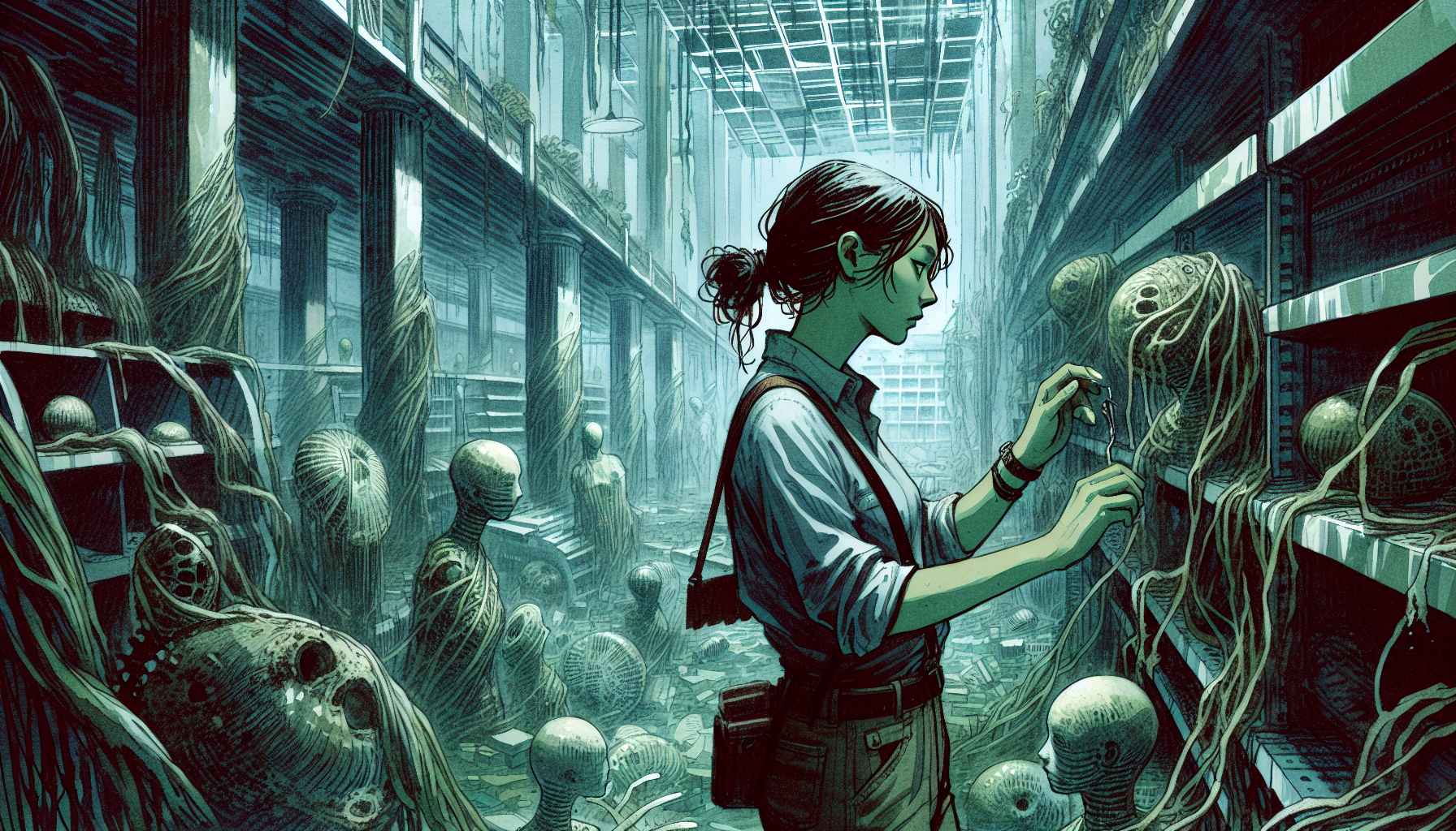 Aria scavenges for supplies underwater in a sunken department store with mannequins and seaweed.