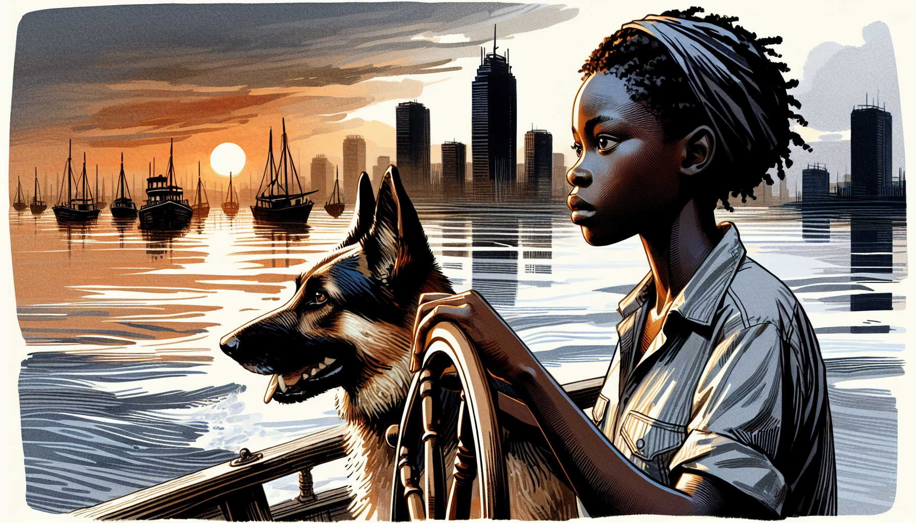 Houseboat sails into the sunset, with Aria and Beacon, leaving the city behind.