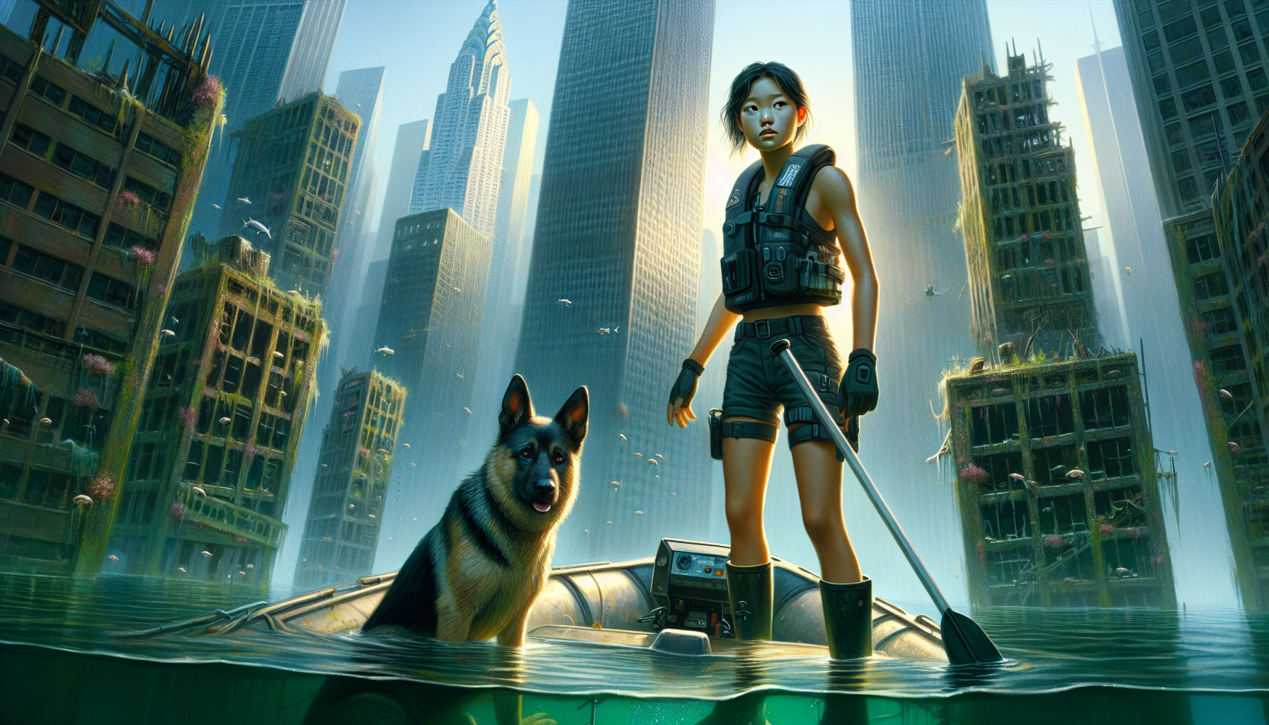 Aria navigates a flooded urban landscape while Beacon observes, with mutant sea creatures visible beneath.