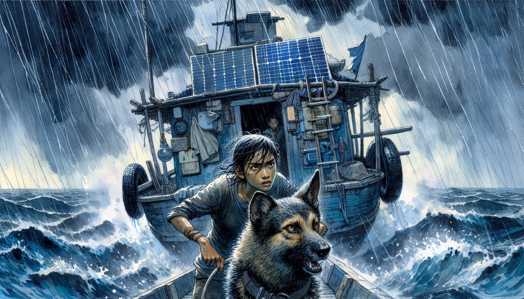In a storm, Aria attempts to steer through towering waves while Beacon barks amidst the chaos.