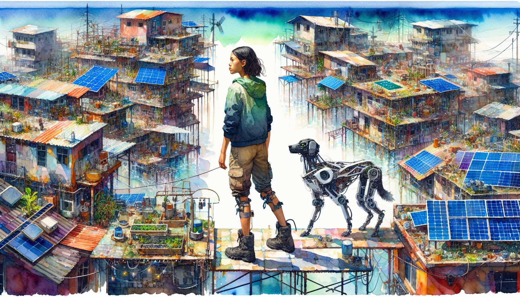 High Haven residents repair rooftop structures under sunlight as Aria and Beacon observe.