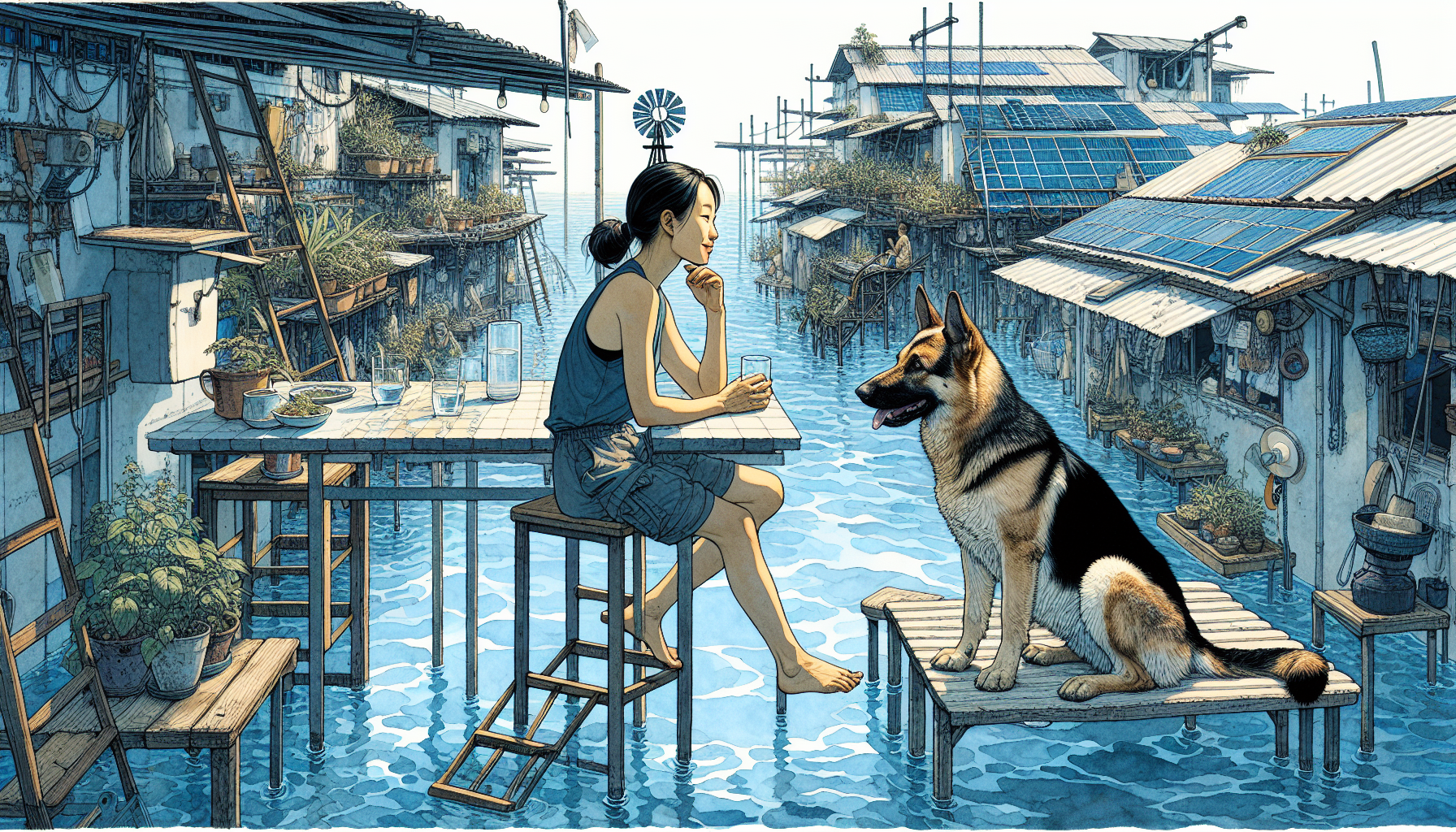 Aria and Beacon at a communal table in High Haven, surrounded by friendly, recovering residents.