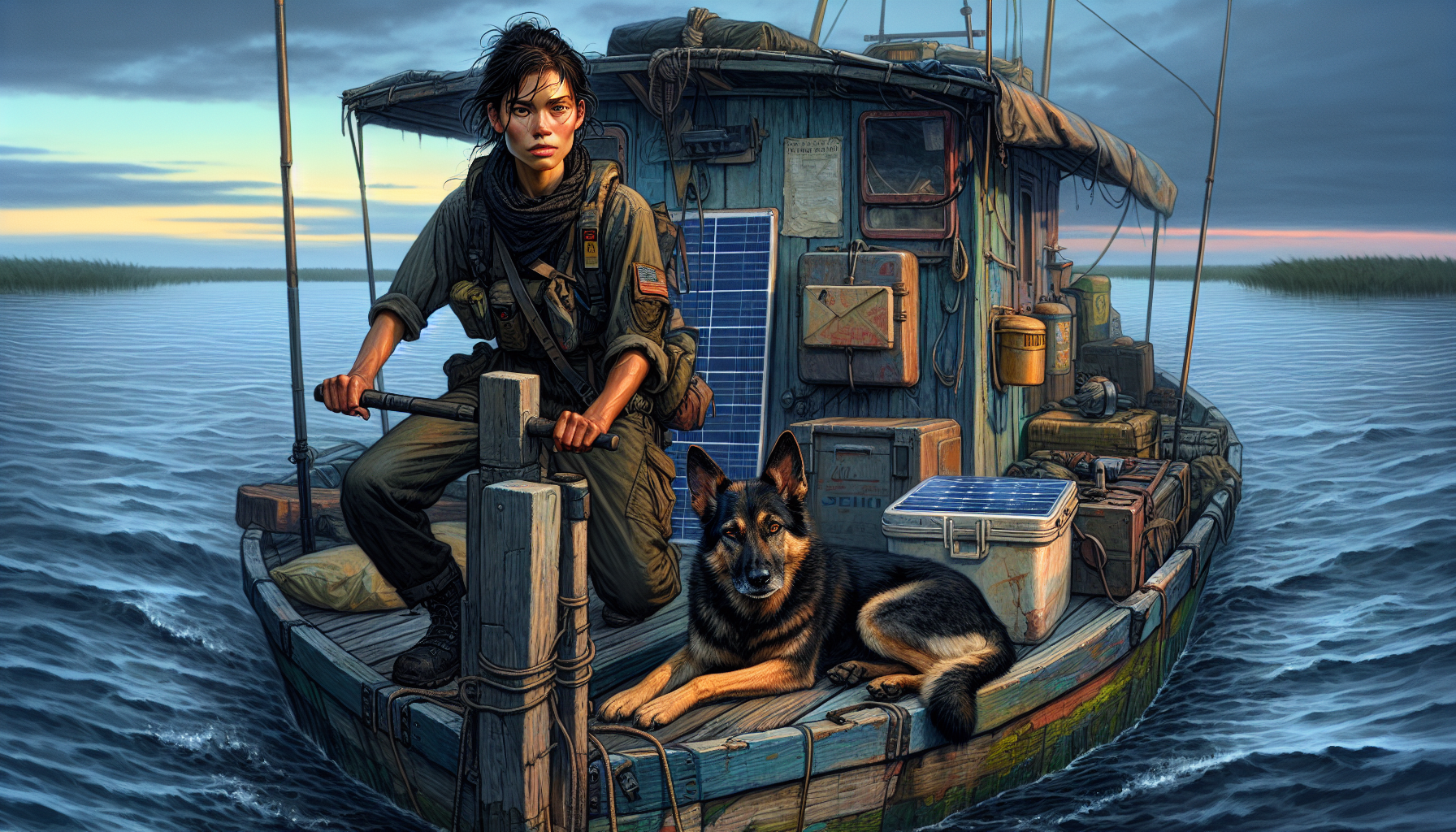 At dawn, Aria continues steering the houseboat while Beacon rests, amid signs of pursuit behind them.