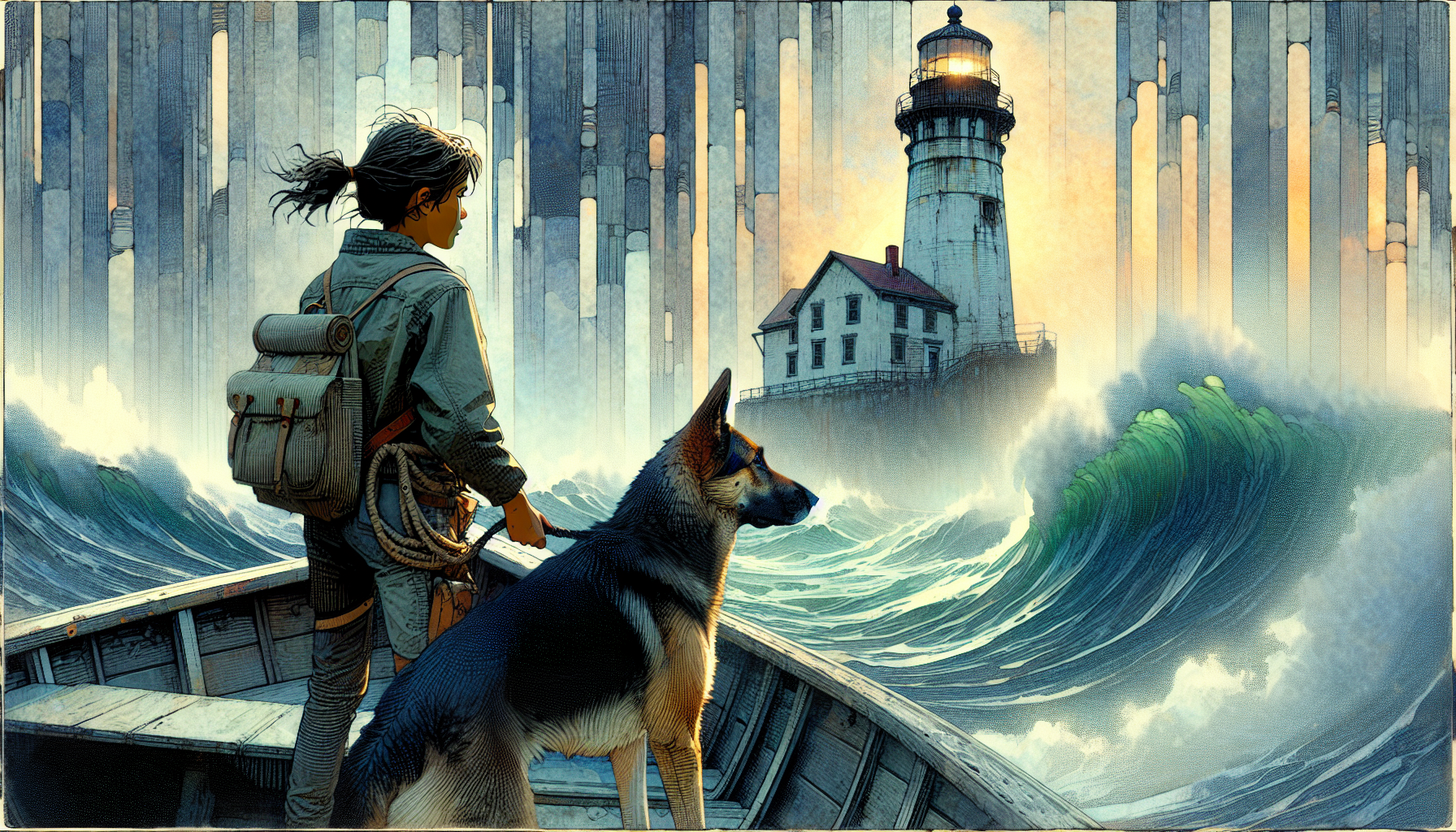 The lighthouse looms ahead, surrounded by a large whirlpool in the mist.