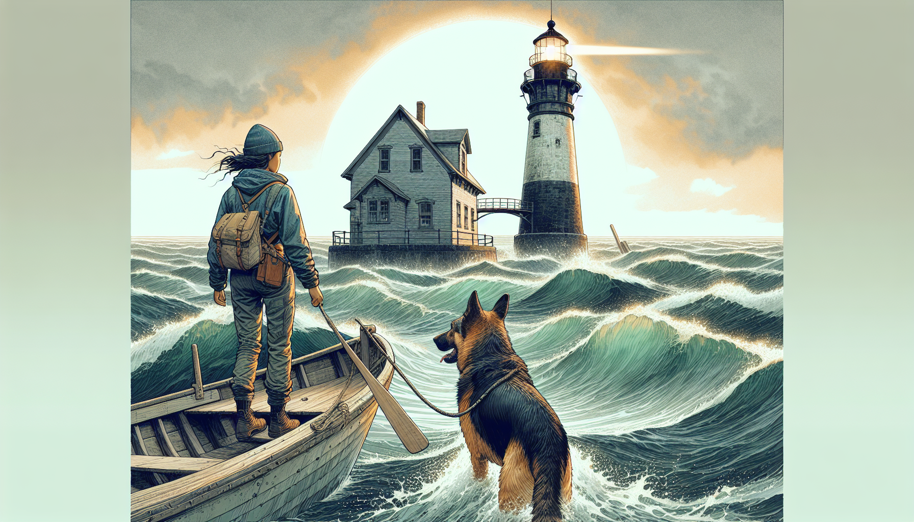 Aria and Beacon barely escape the whirlpool's grasp, nearing the lighthouse at sunrise.