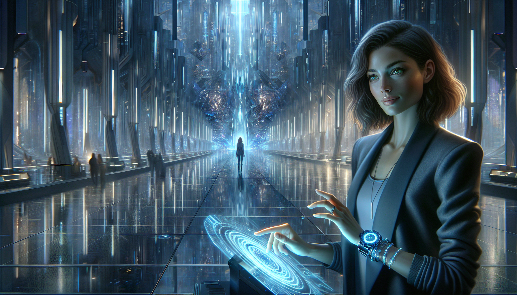 Zara examines a holo-display in the sleek, futuristic Temporal Hub.