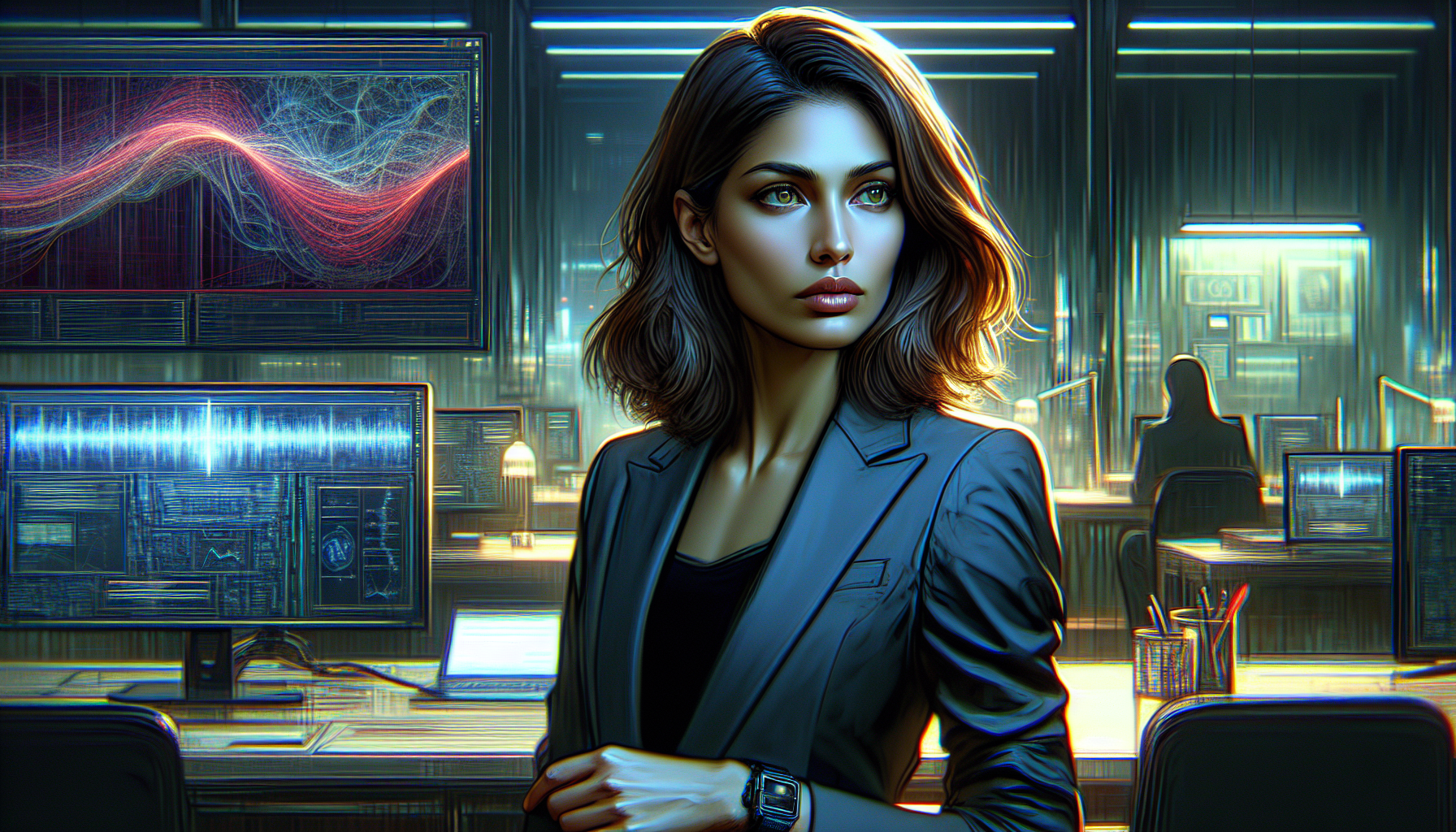 Zara accesses classified data on a glowing screen in the quiet after-hours office.