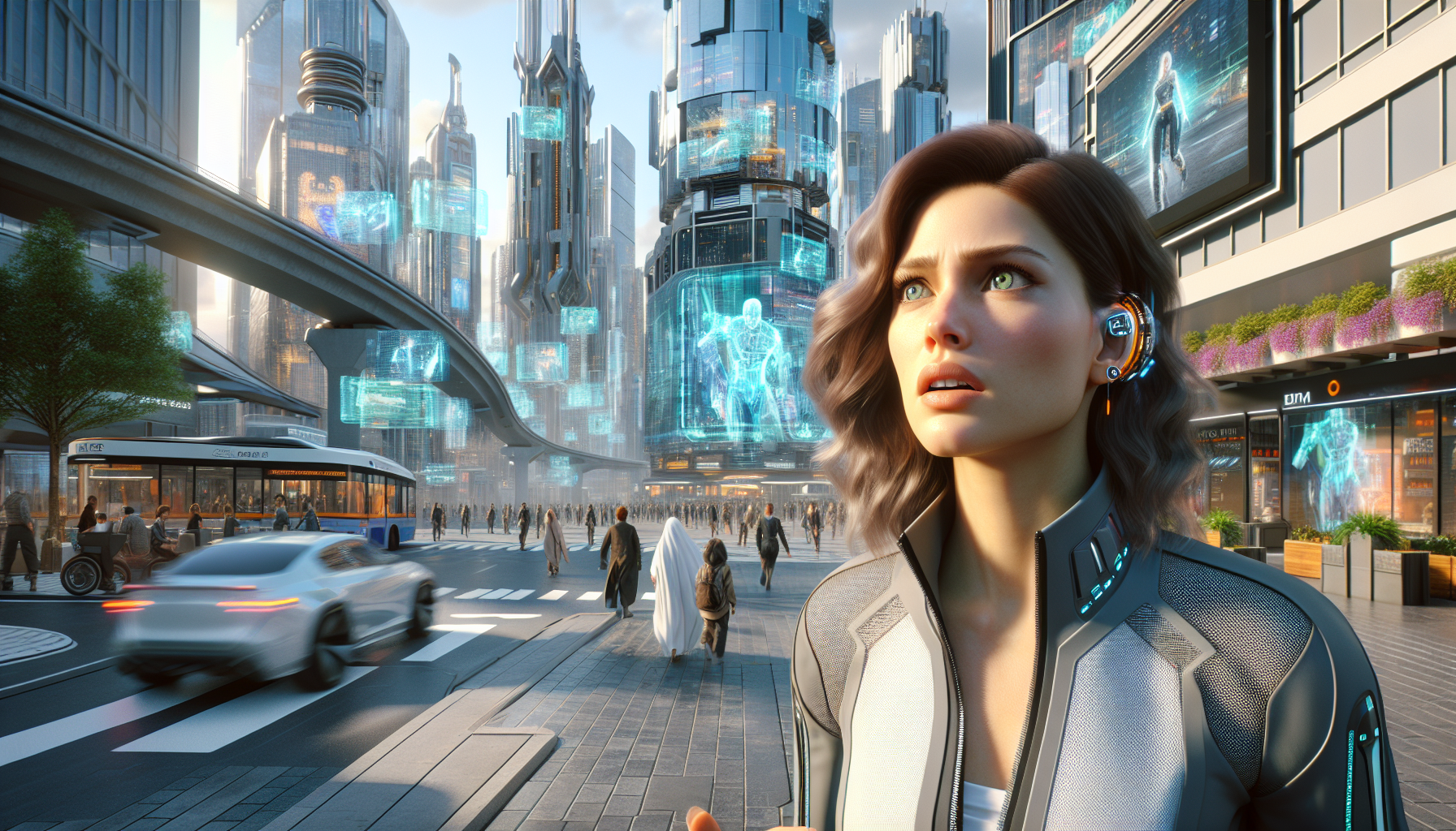 Zara stands in a chaotic future plaza where buildings and people shift and the sky is fractured.