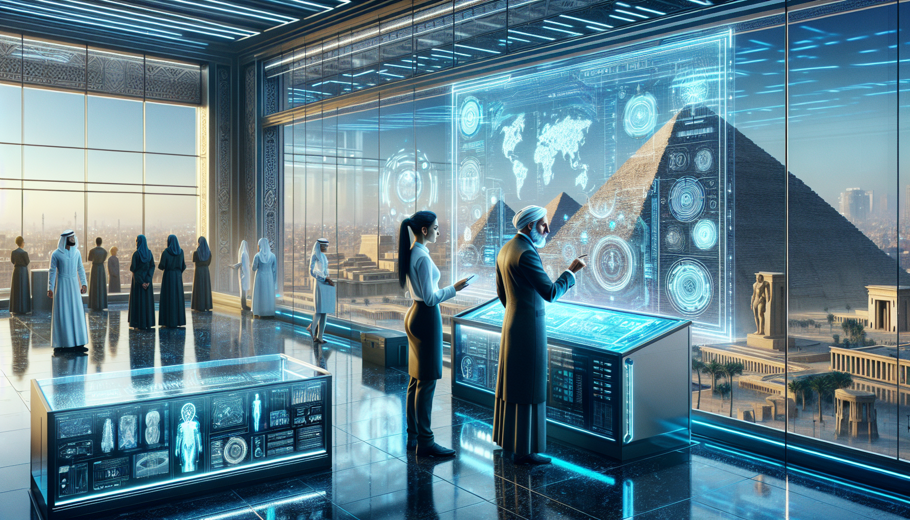 Holographic displays show global chaos while Dr. Farooq monitors reports at a terminal.