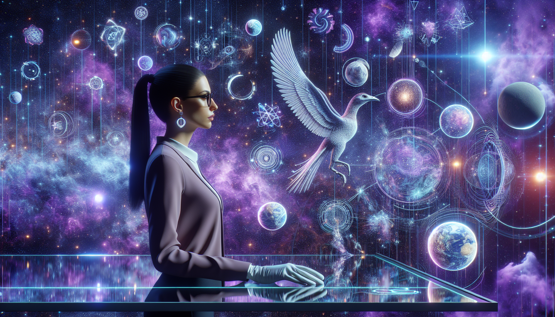 Amelia views a hologram of parallel Earths showing different outcomes based on choices.