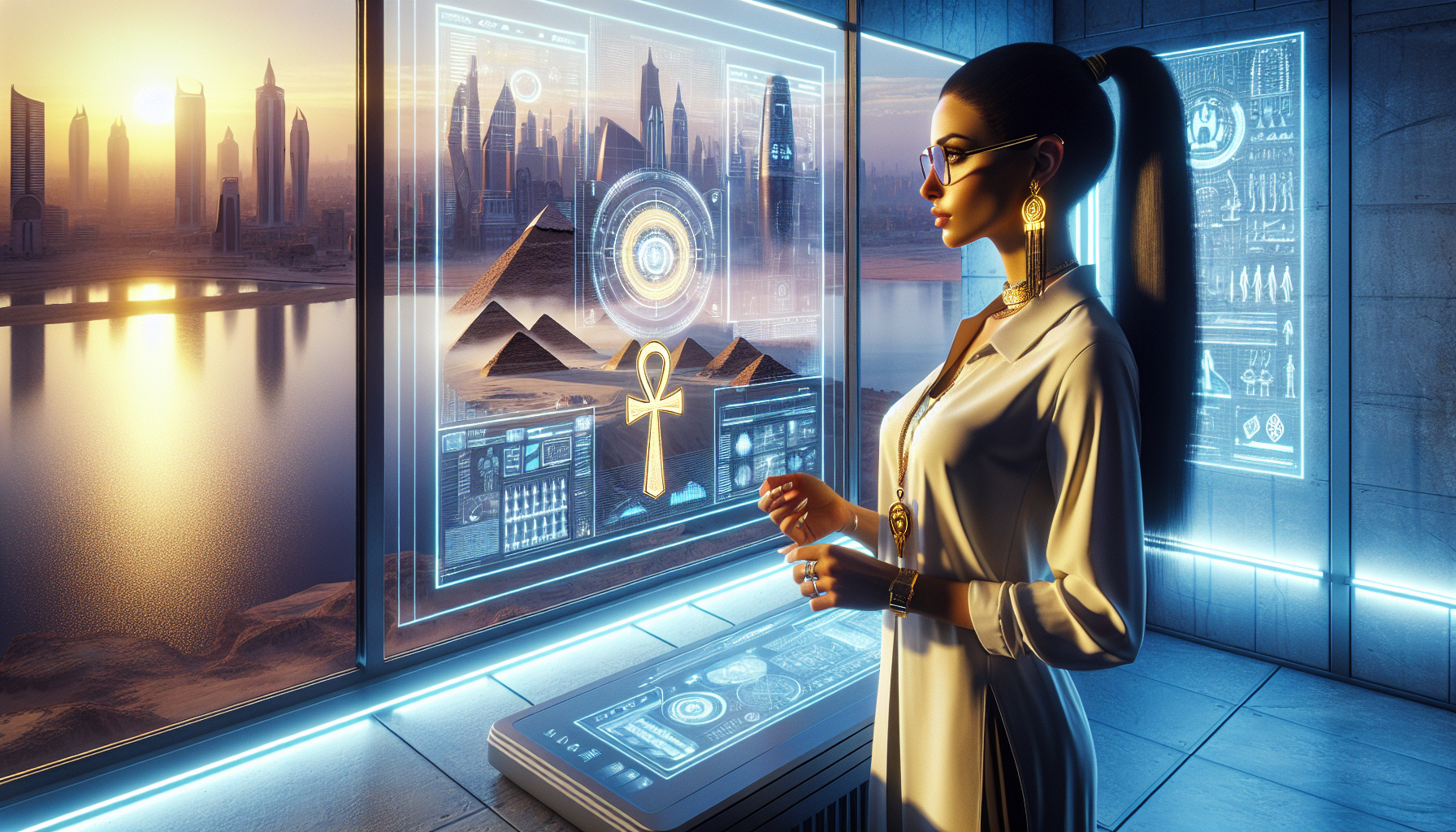 Amelia contemplates at her office window at dawn, holding her golden ankh pendant.