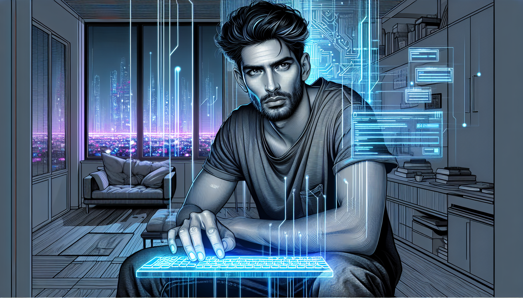 Ezra Kouri typing on a holographic keyboard in his dimly lit, cluttered apartment.