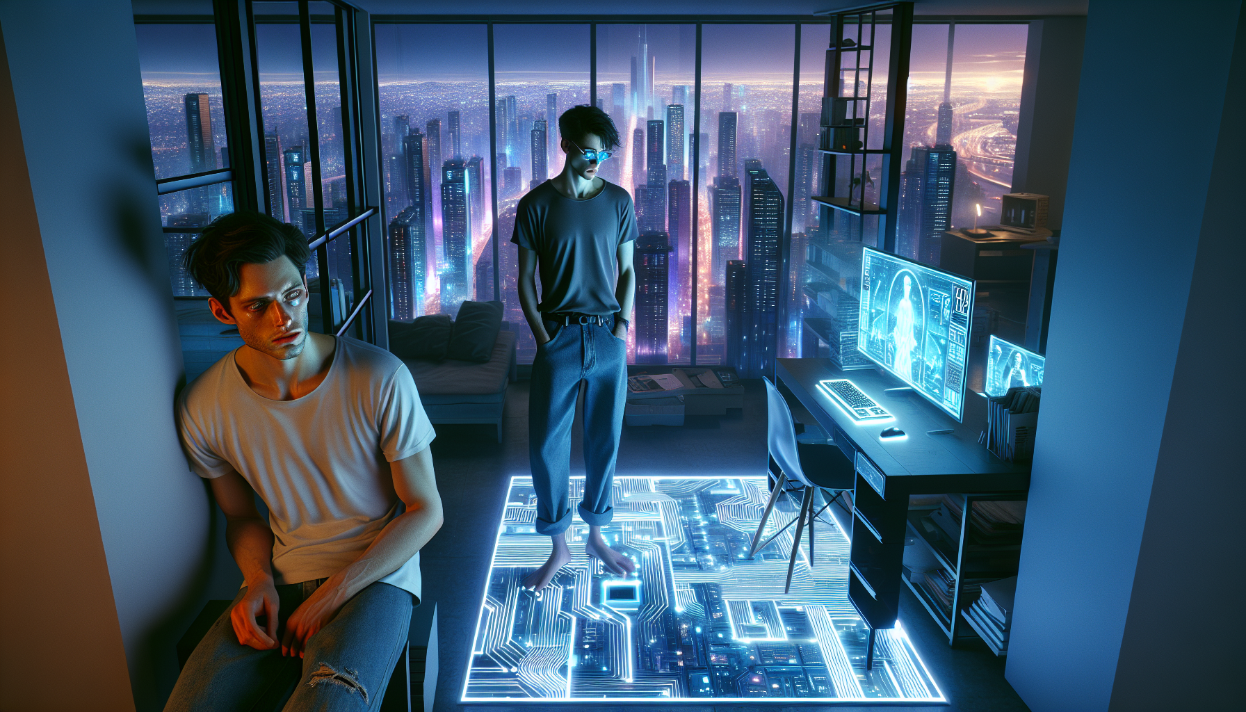 Ezra and Marcus have a tense conversation in Ezra's cluttered apartment.