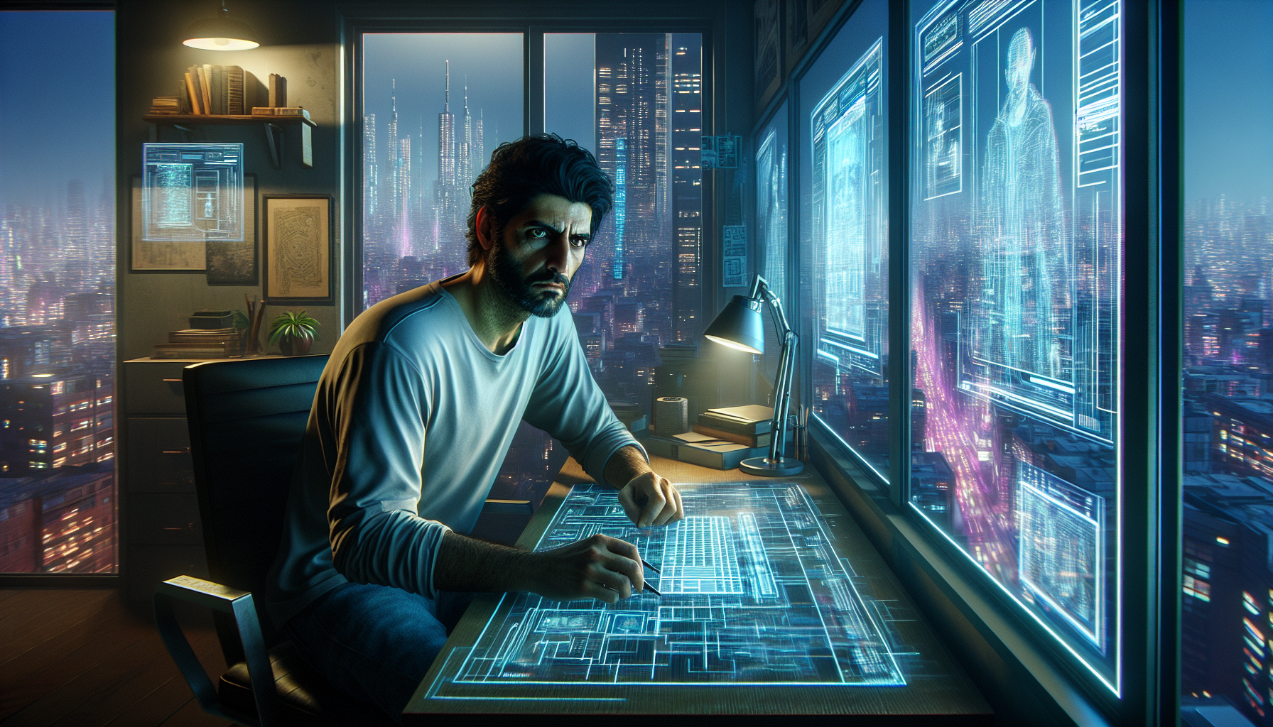 Ezra creates a new digital identity at his desk, determined to infiltrate the Church of the Digital Messiah.