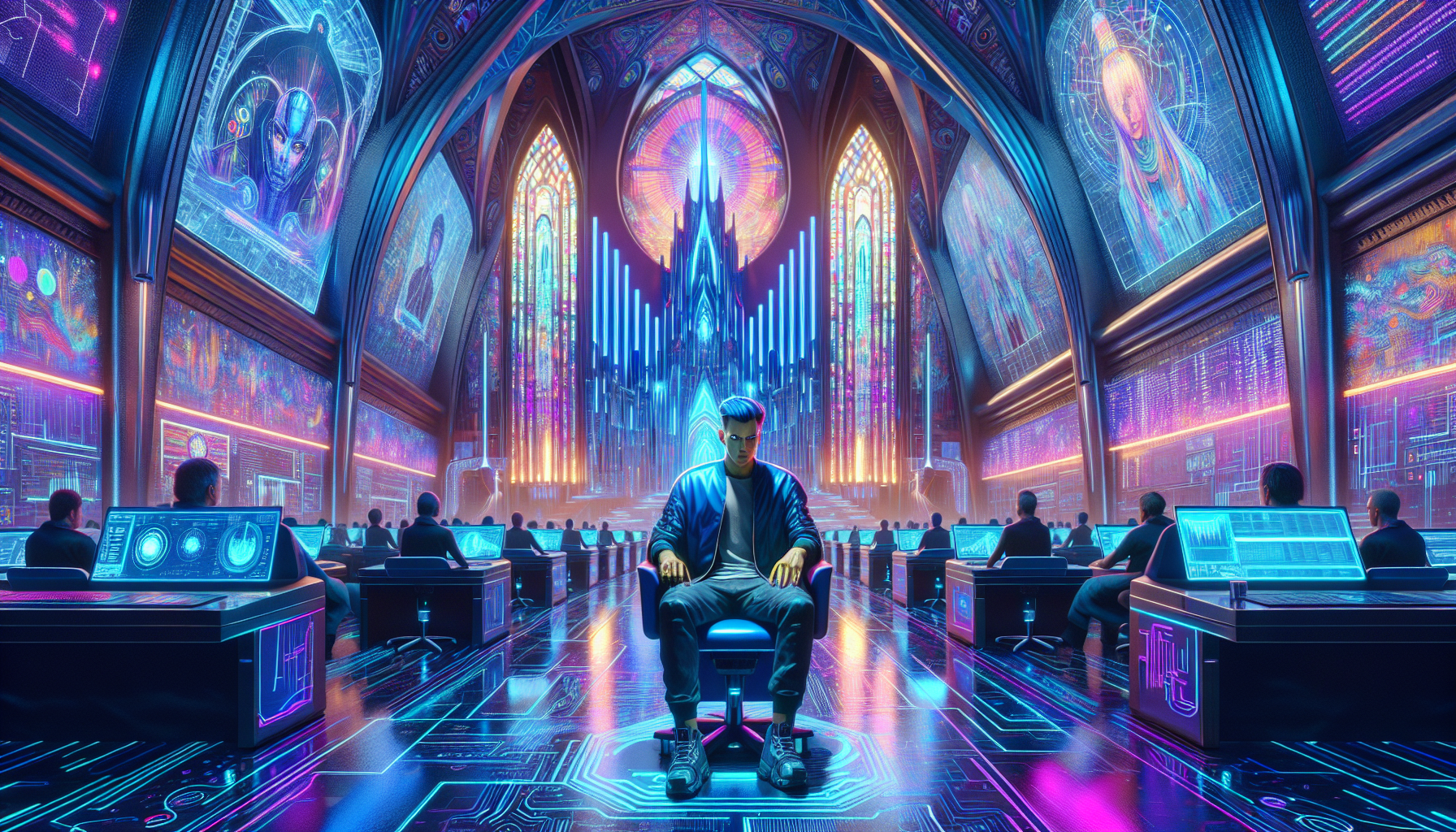 Ezra sits among chanting devotees in the futuristic interior of the Church of the Digital Messiah.