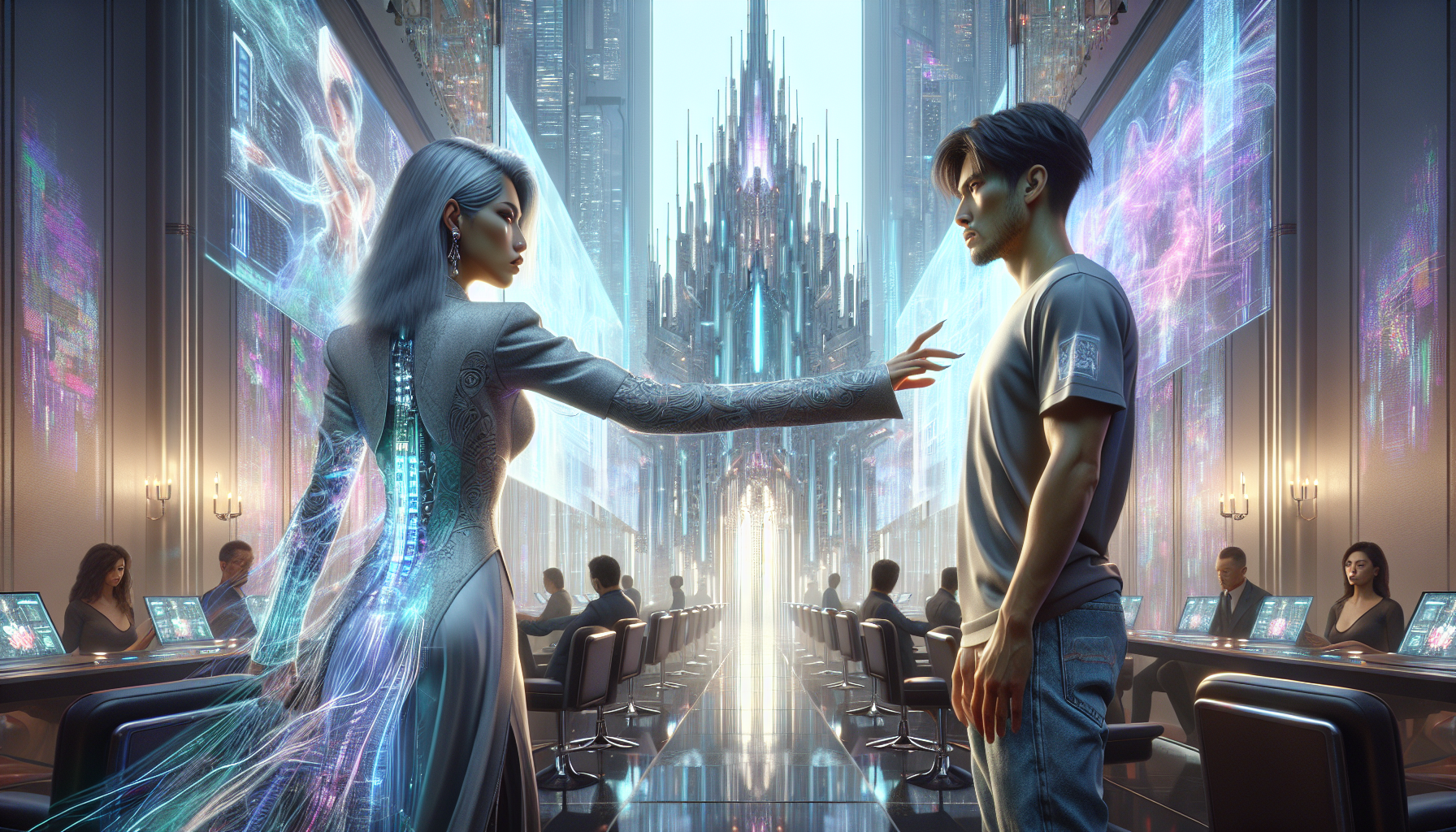 Dr. Eliana Chen places a hand on Ezra's shoulder in the intricately designed church.