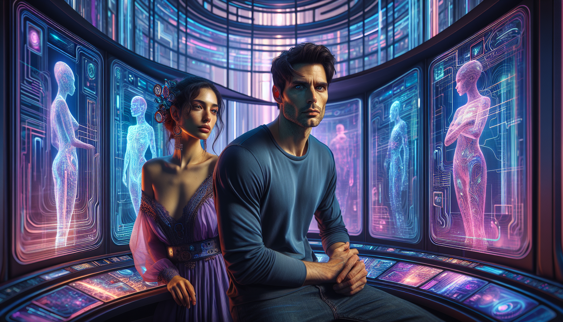 Ezra and Aria sit in a study group surrounded by holographic 'Digital Scriptures.'