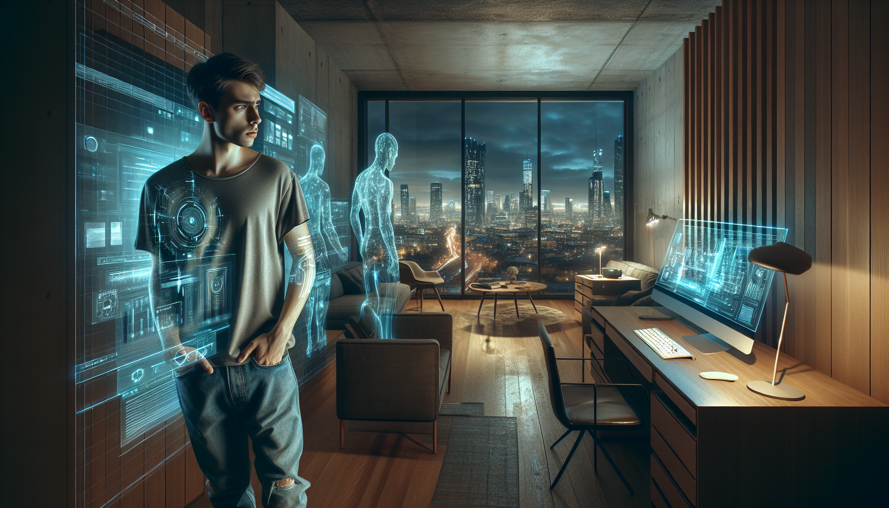 Ezra has a tense conversation with Marcus through a secure channel in the dimly lit apartment.