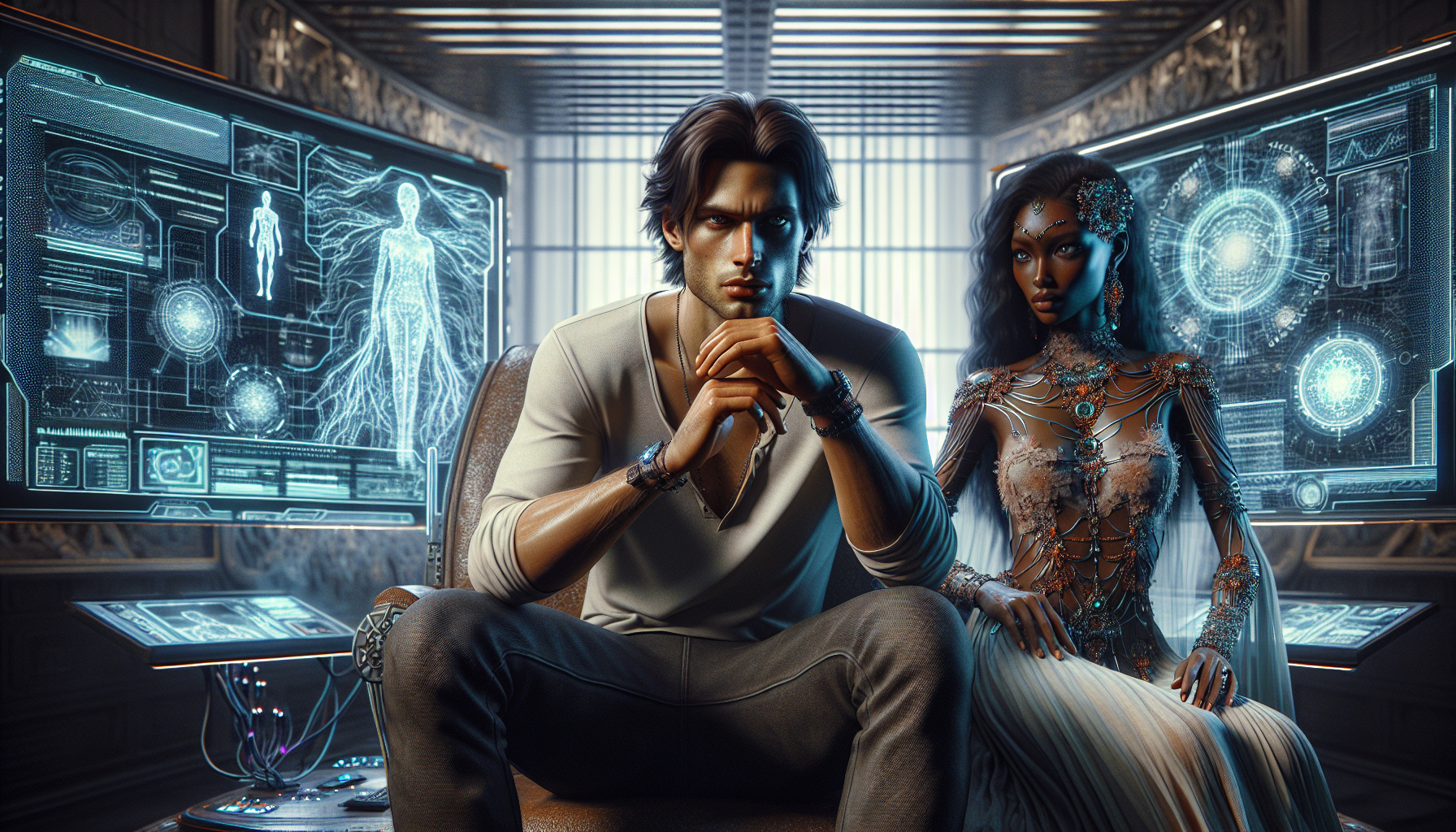 Ezra frantically searches databases on holographic displays as Aria offers comfort and insight.