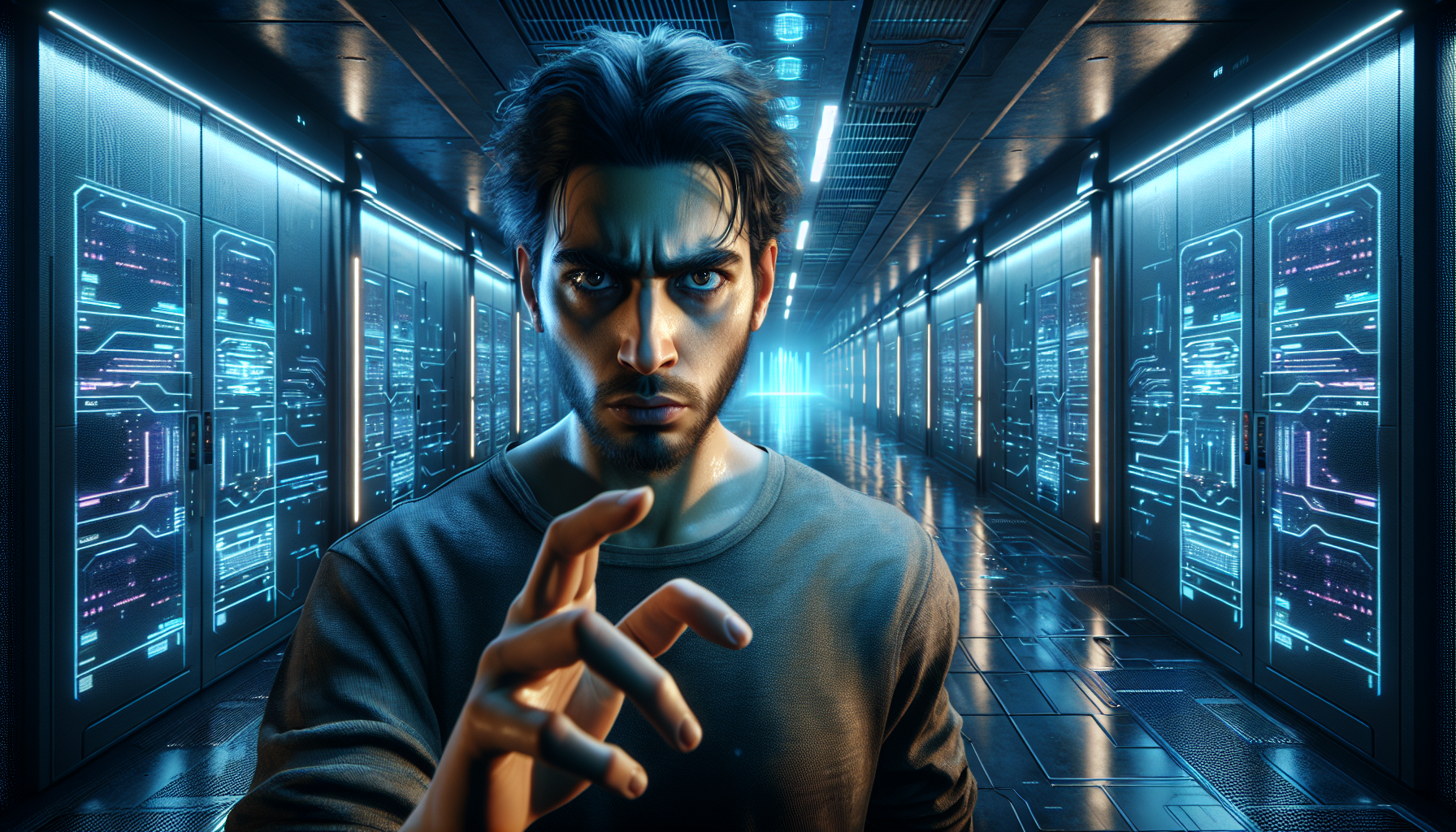 Ezra discovers the living code of the church's central AI in the dim, blue-lit server room.