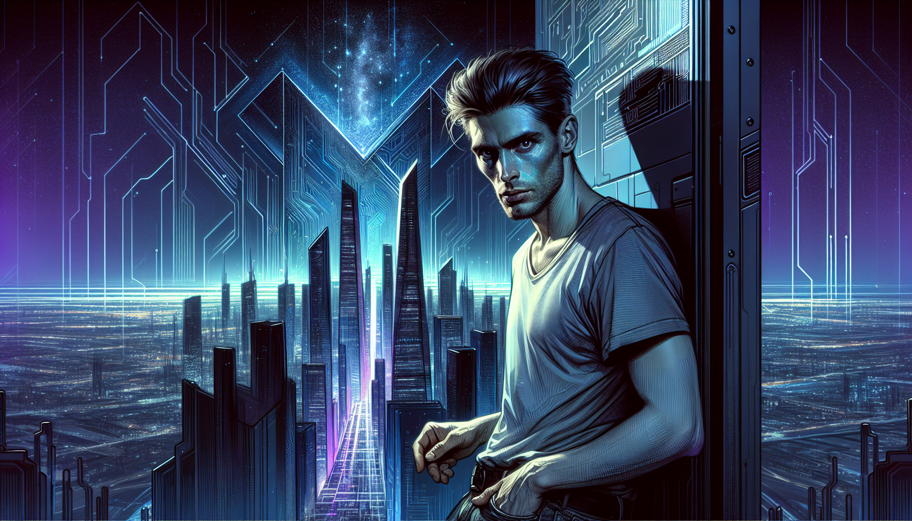 Ezra leans against the church's sleek exterior, looking out at the megacity and night sky in contemplation.