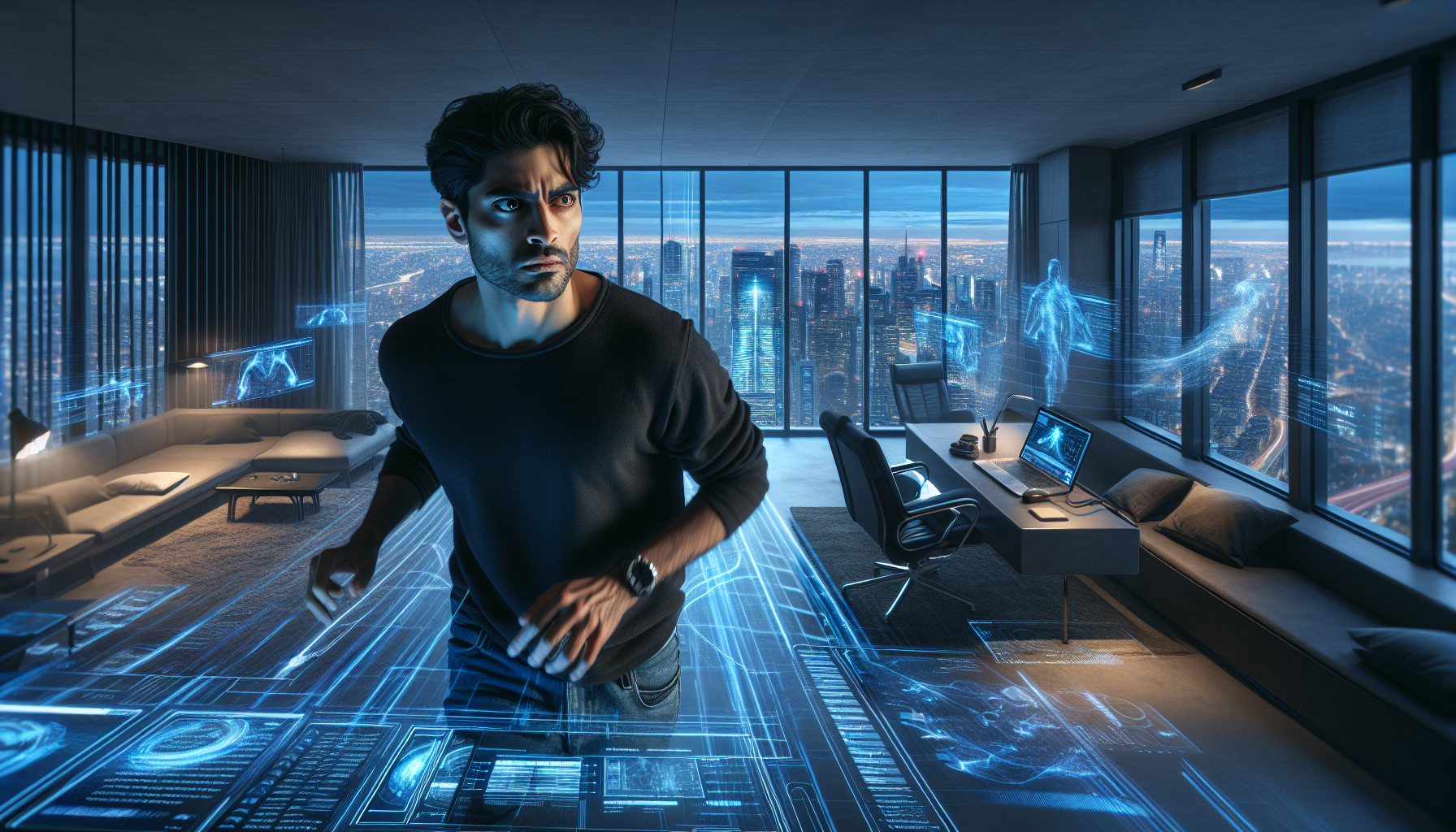 Ezra paces his apartment, deep in thought, holographic displays showing AI research around him.