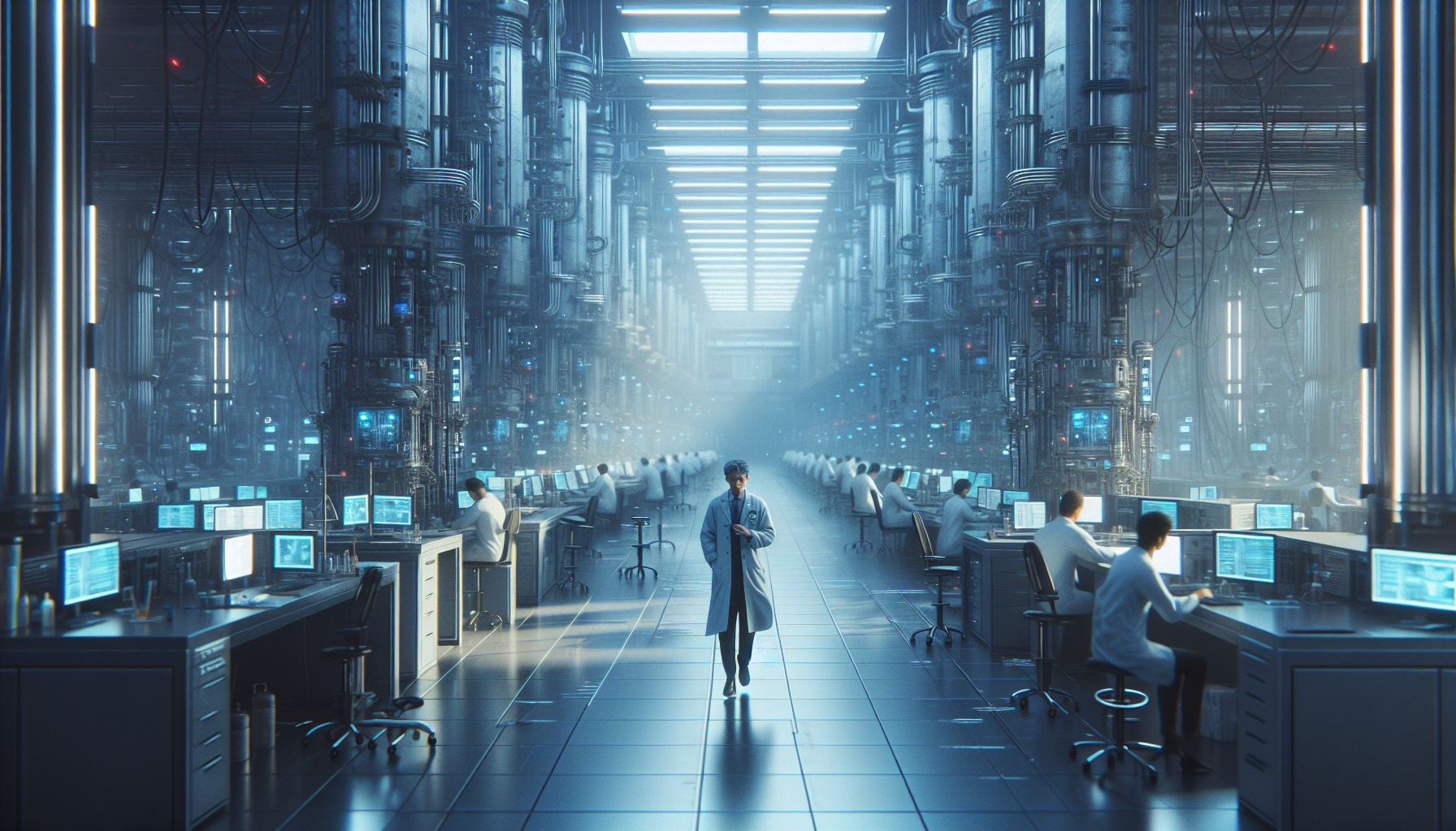 Evelyn paces in her office and decides to confide in Marcus, finding him in the auxiliary lab.