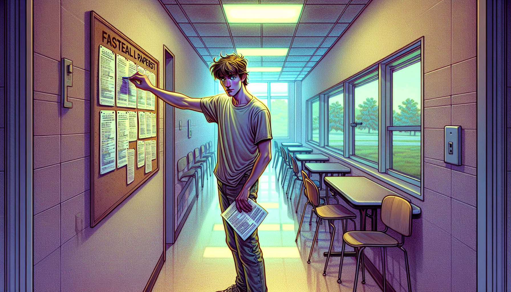 Invisible Alex reaching for test questions in the faculty lounge.