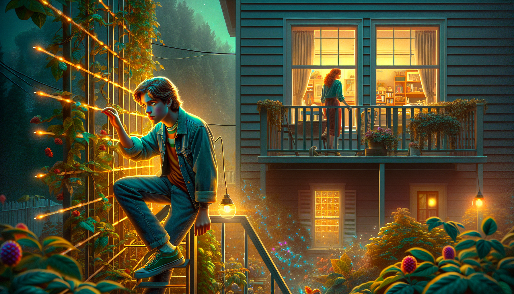 Invisible Alex sneaks into Sarah's room by climbing a trellis.