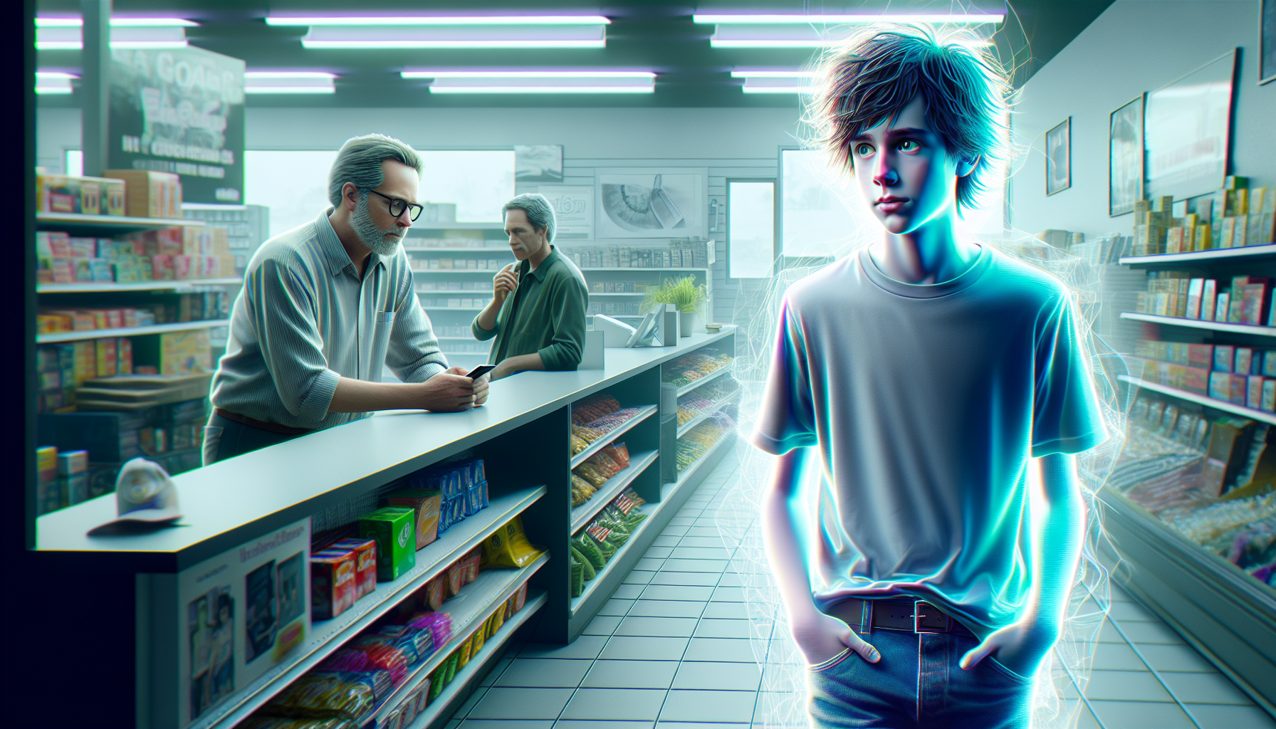 Invisible Alex stealing a smartphone from a convenience store.