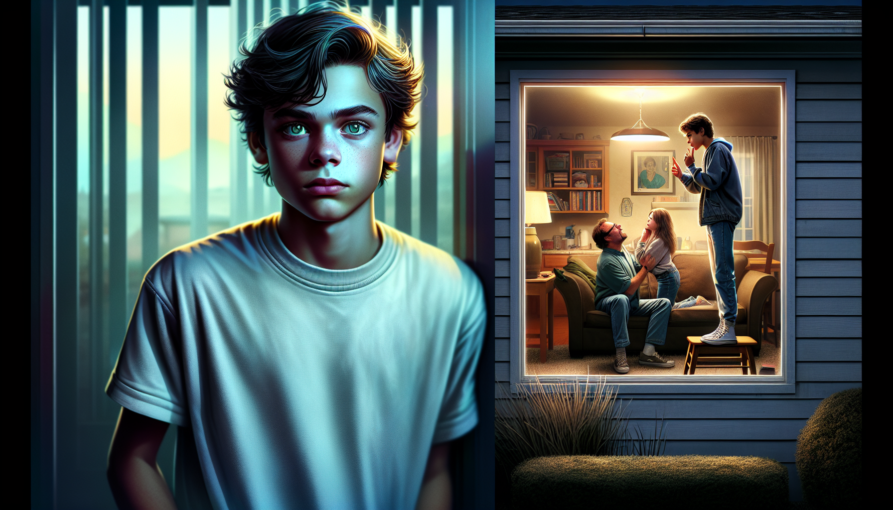 Alex watches the Millers argue through their living room window.