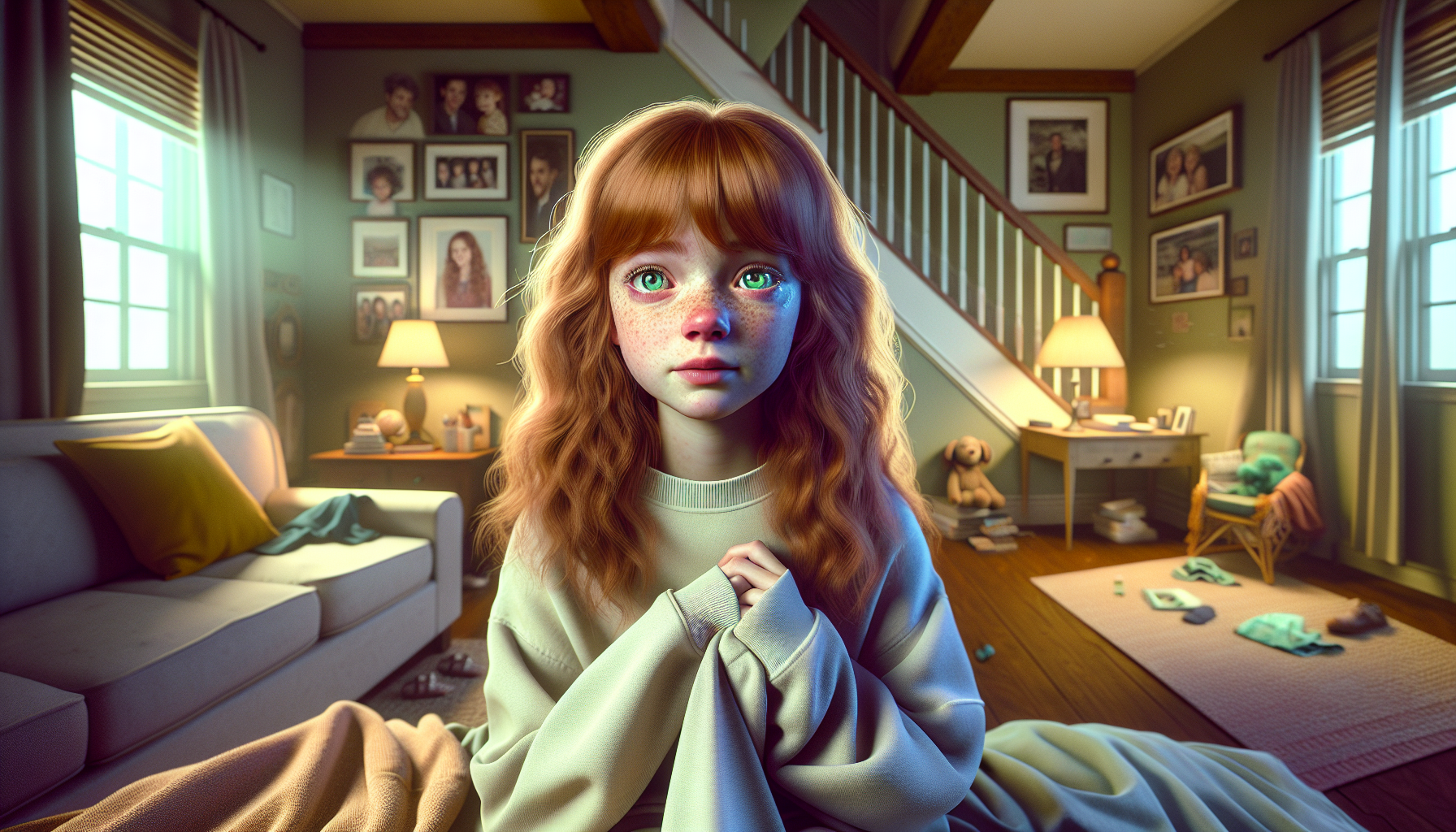 Emily, grieving, sits on Alex's bed holding his sweatshirt.