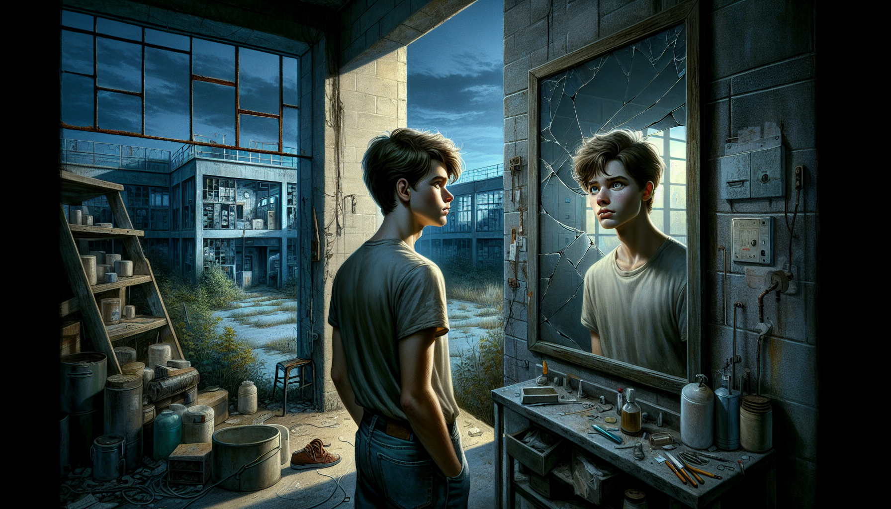 Alex looking at his wavering reflection in a cracked mirror at the abandoned lab.